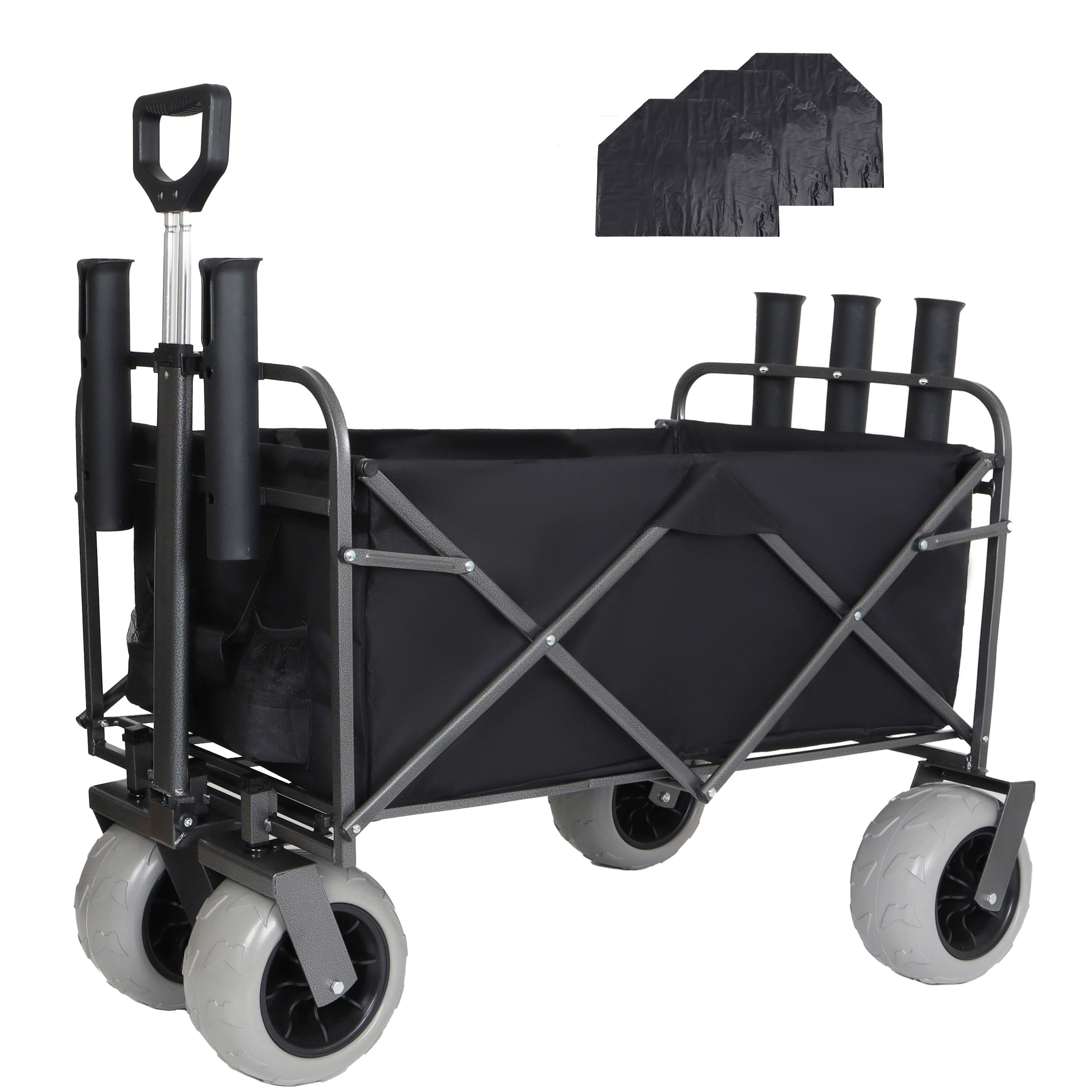 Mondawe - 500lbs Foldable Steel Wagon Utility Carts w/ Waterproof Fishing Cart with Rod Holders - Black