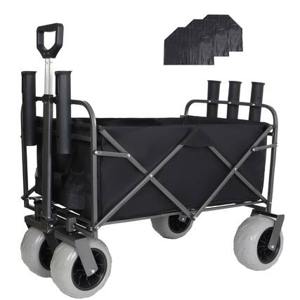 Front. Mondawe - 500lbs Foldable Steel Wagon Utility Carts w/ Waterproof Fishing Cart with Rod Holders - Black.