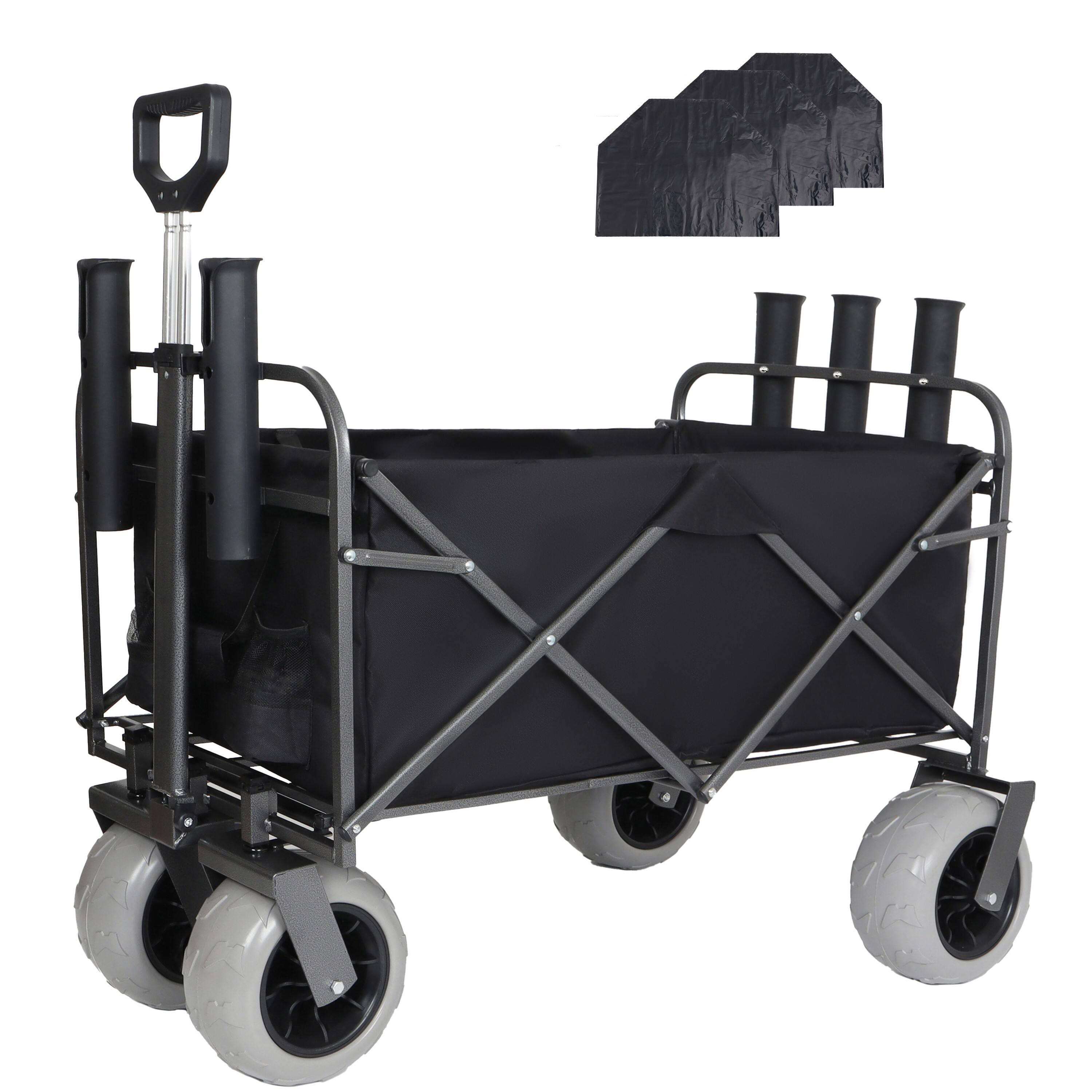 Front. Mondawe - 500lbs Foldable Steel Wagon Utility Carts w/ Waterproof Fishing Cart with Rod Holders - Black.
