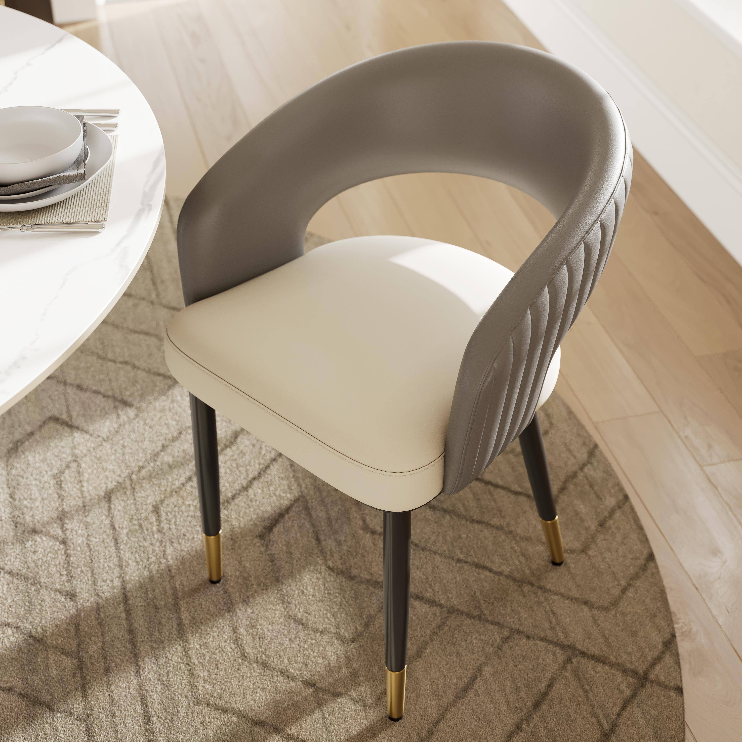 Left. POVISON - Modern Upholstered Dining Chairs Set of 2, Barrel Chairs with Open Back, Faux Leather Dining Chairs, Gray & Beige - Beige & Gray.