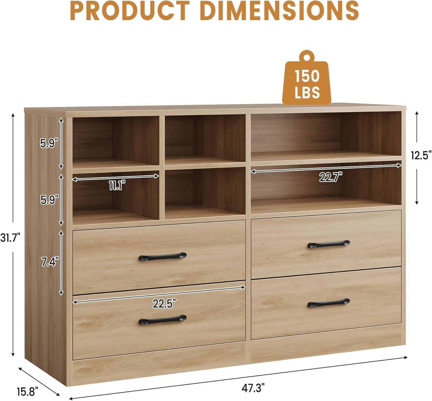 PRODUCT DIMENSIONS

150 LBS

- Height: 31.7"
- Width: 47.3"
- Depth: 15.8"
- Shelf Height: 5.9"
- Shelf Depth: 12.5"
- Drawer Height: 7.4"
- Drawer Width: 22.5"
- Shelf Width: 22.7"
- Shelf Depth: 11.1"