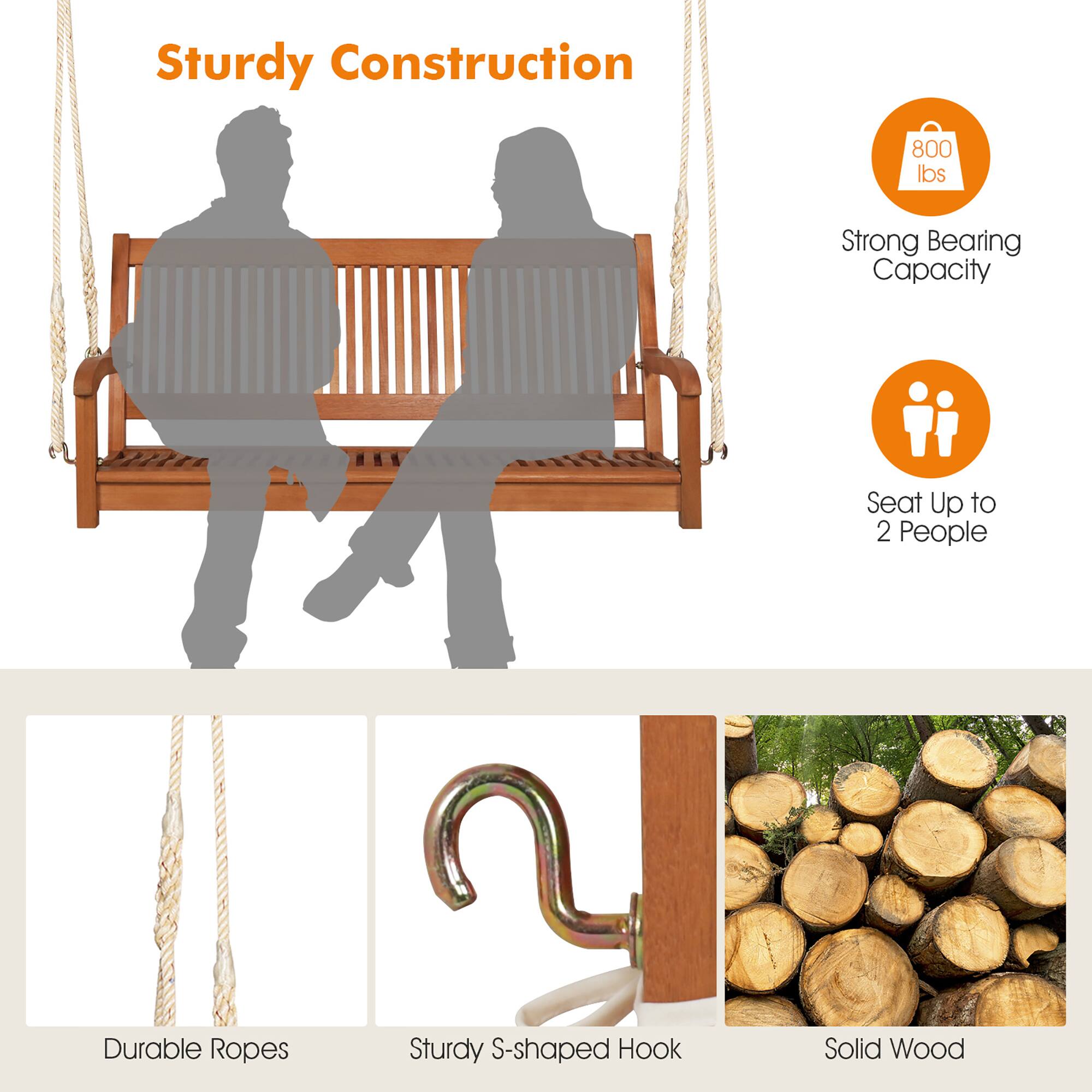 Alt View 4. Gymax - Gymax 2-Seat Patio Hanging Wooden Porch Swing Bench w/ Cushion & Hanging Ropes - Natural.