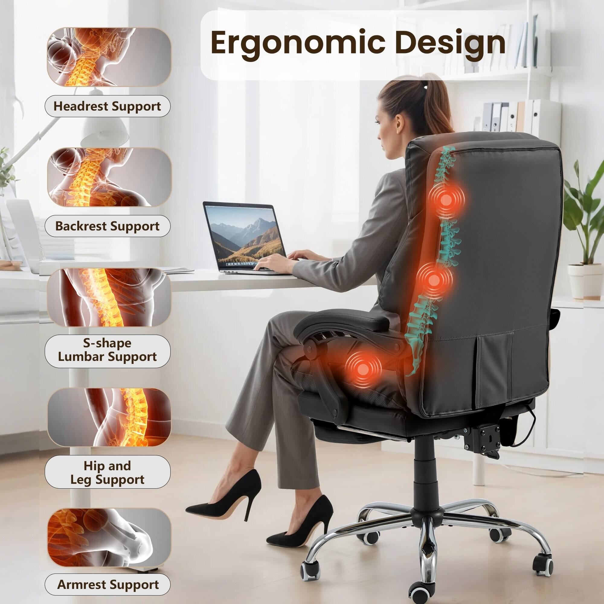 Ergonomic Design

- Headrest Support
- Backrest Support
- S-shape Lumbar Support
- Hip and Leg Support
- Armrest Support