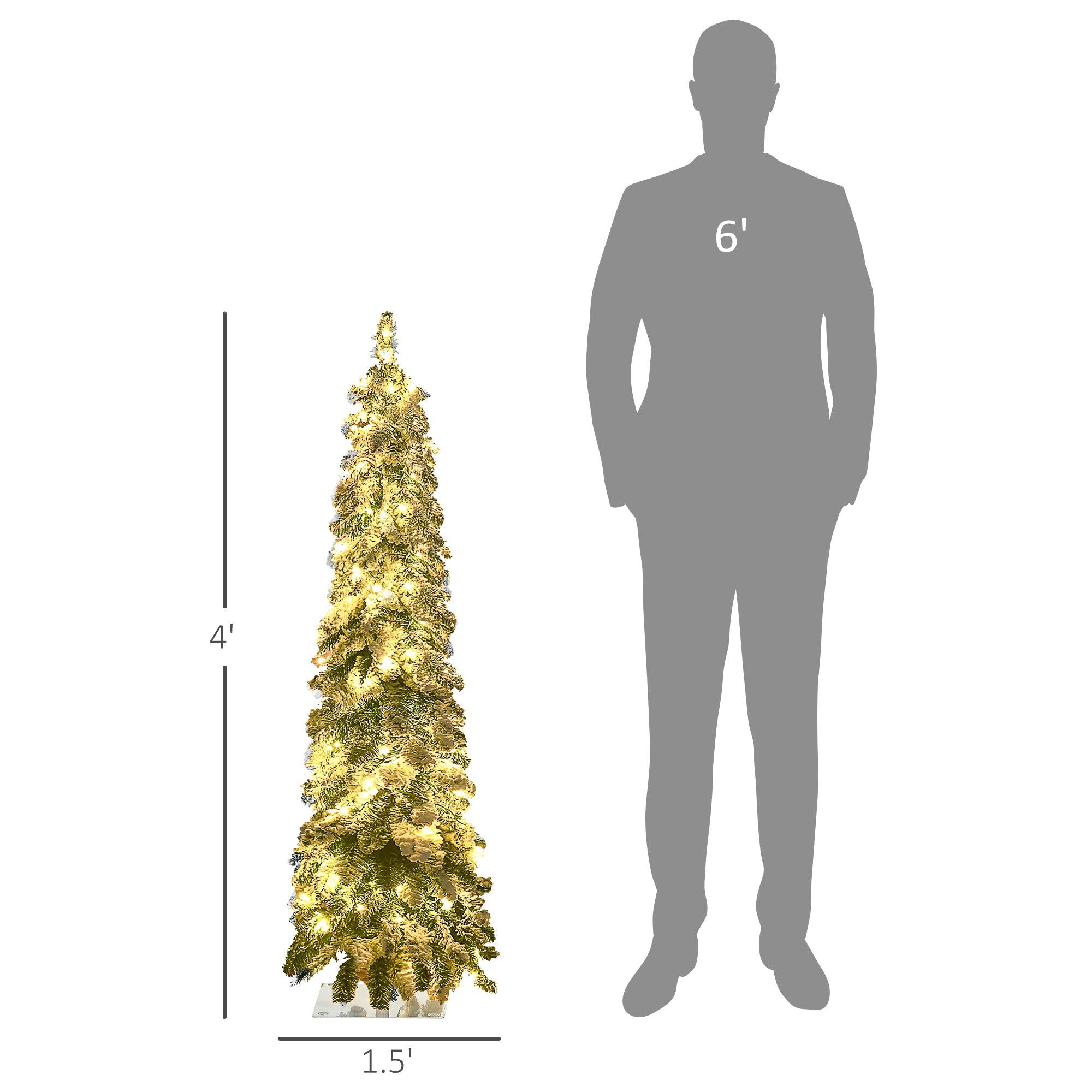 Left. BreeBe - 4ft Tall Prelit Pencil Artificial Christmas Tree Holiday DÃ©cor with 225 Snow Flocked Branches - Green.