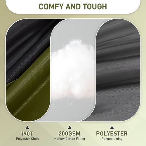 COMFY AND TOUGH

190T Polyester Cloth  
200GSM Hollow Cotton Filling  
Polyester Pongee Lining