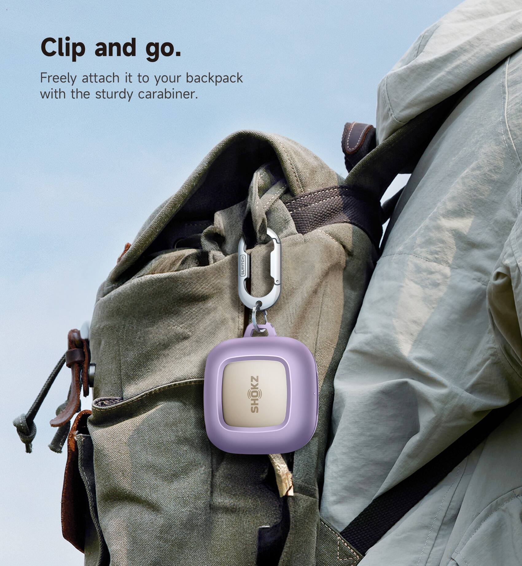 Clip and go.  
Freely attach it to your backpack with the sturdy carabiner.  
SUnITEM SHOKZ