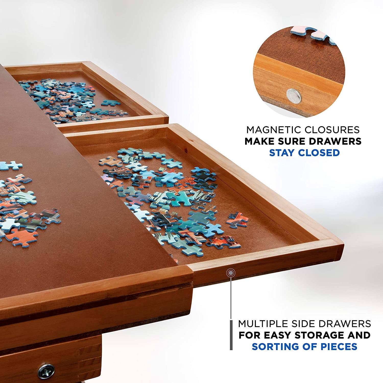 MAGNETIC CLOSURES MAKE SURE DRAWERS STAY CLOSED

MULTIPLE SIDE DRAWERS FOR EASY STORAGE AND SORTING OF PIECES