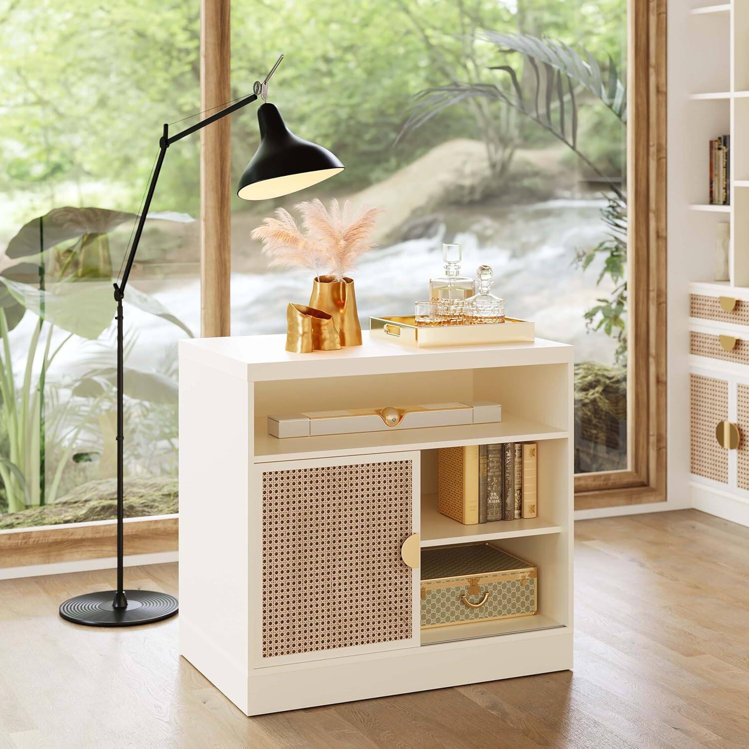 Alt View 3. ModernMate - Modern Wood Accent Cabinet with Sliding Door - White Rattan.