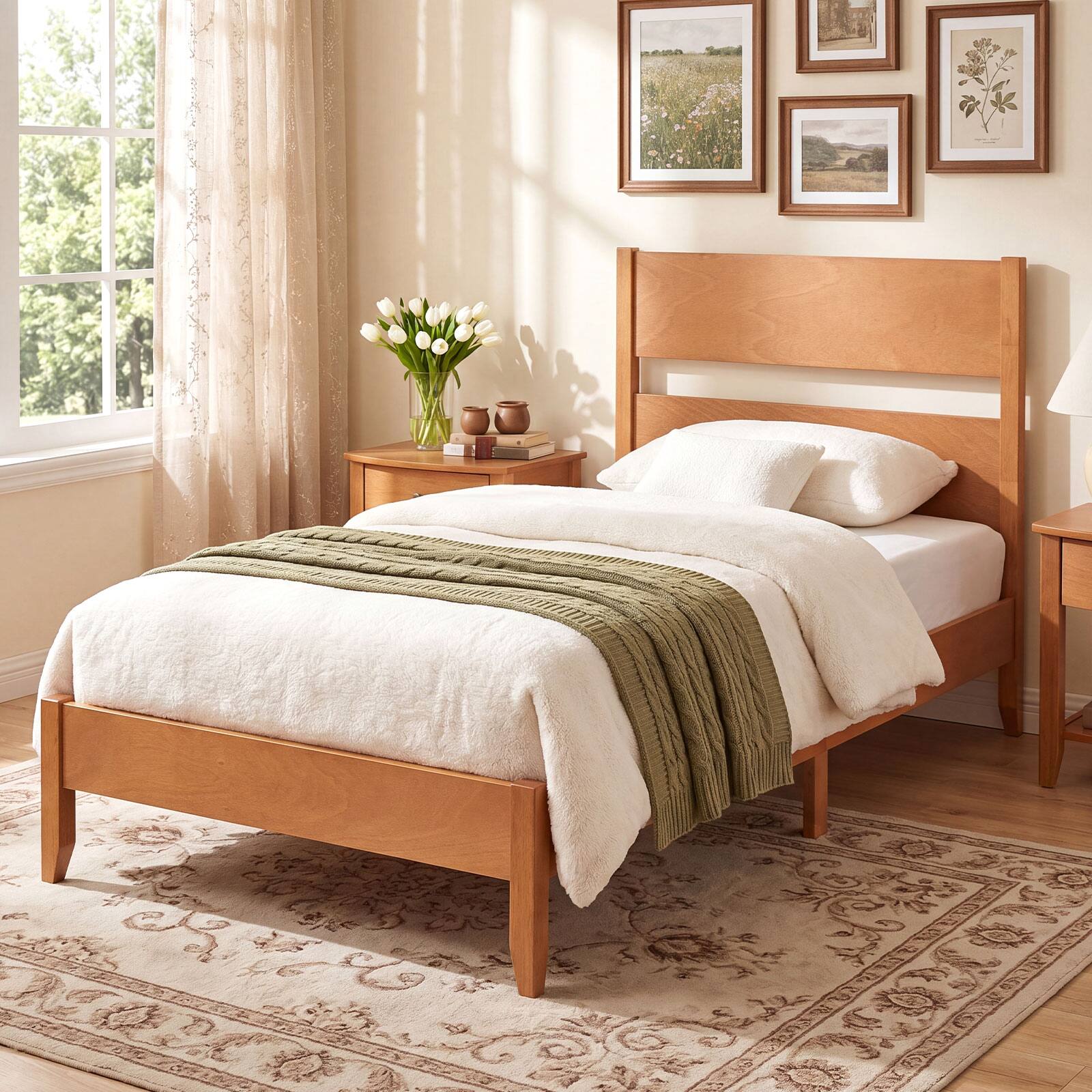 Alt View 3. Costway - Costway Twin Bed Frame with Headboard, Solid Wood Legs, 12 Slats, No Box Spring Needed - Warm Brown.