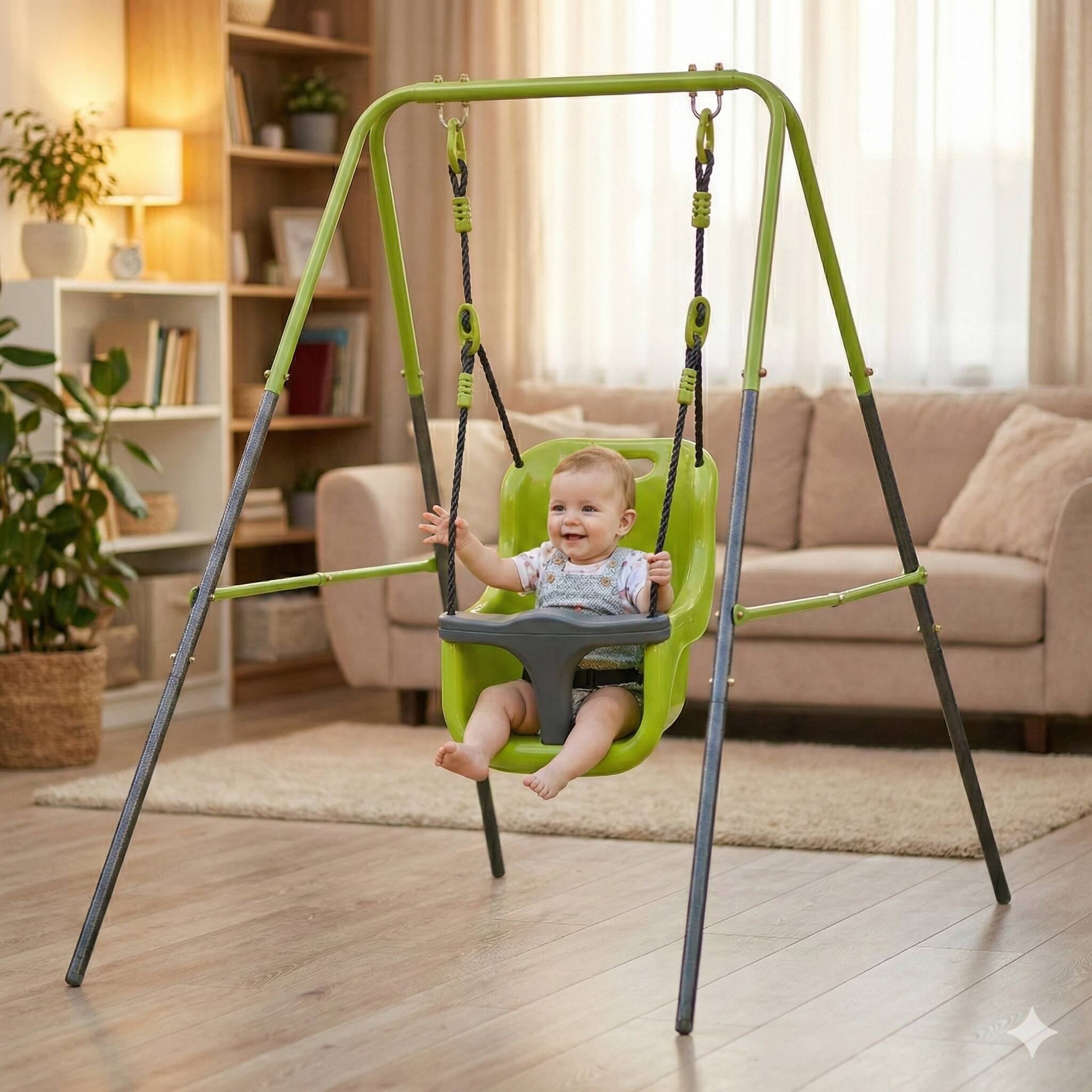 Left. Loheer - 4.8 ft Indoor Outdoor Baby Swing with Safety Seat and Stable Metal Frame - Black+Green.