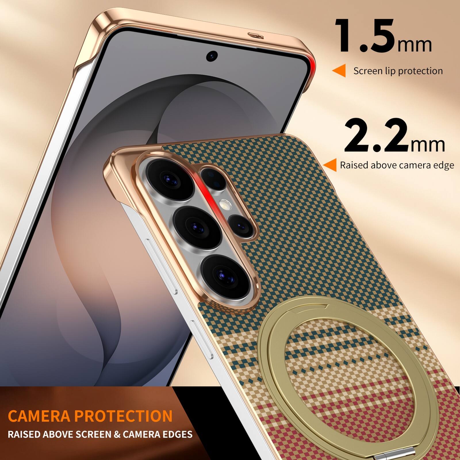 1.5mm Screen lip protection  
2.2mm Raised above camera edge  
CAMERA PROTECTION  
RAISED ABOVE SCREEN & CAMERA EDGES