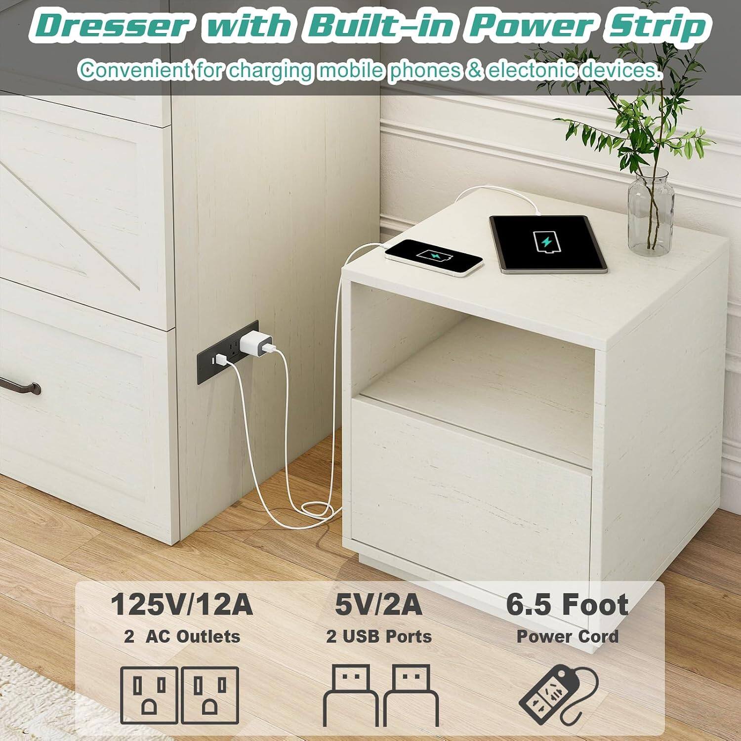 Dresser with Built-in Power Strip  
Convenient for charging mobile phones & electronic devices.  
125V/12A 2 AC Outlets 5V/2A 2 USB Ports 6.5 Foot Power Cord