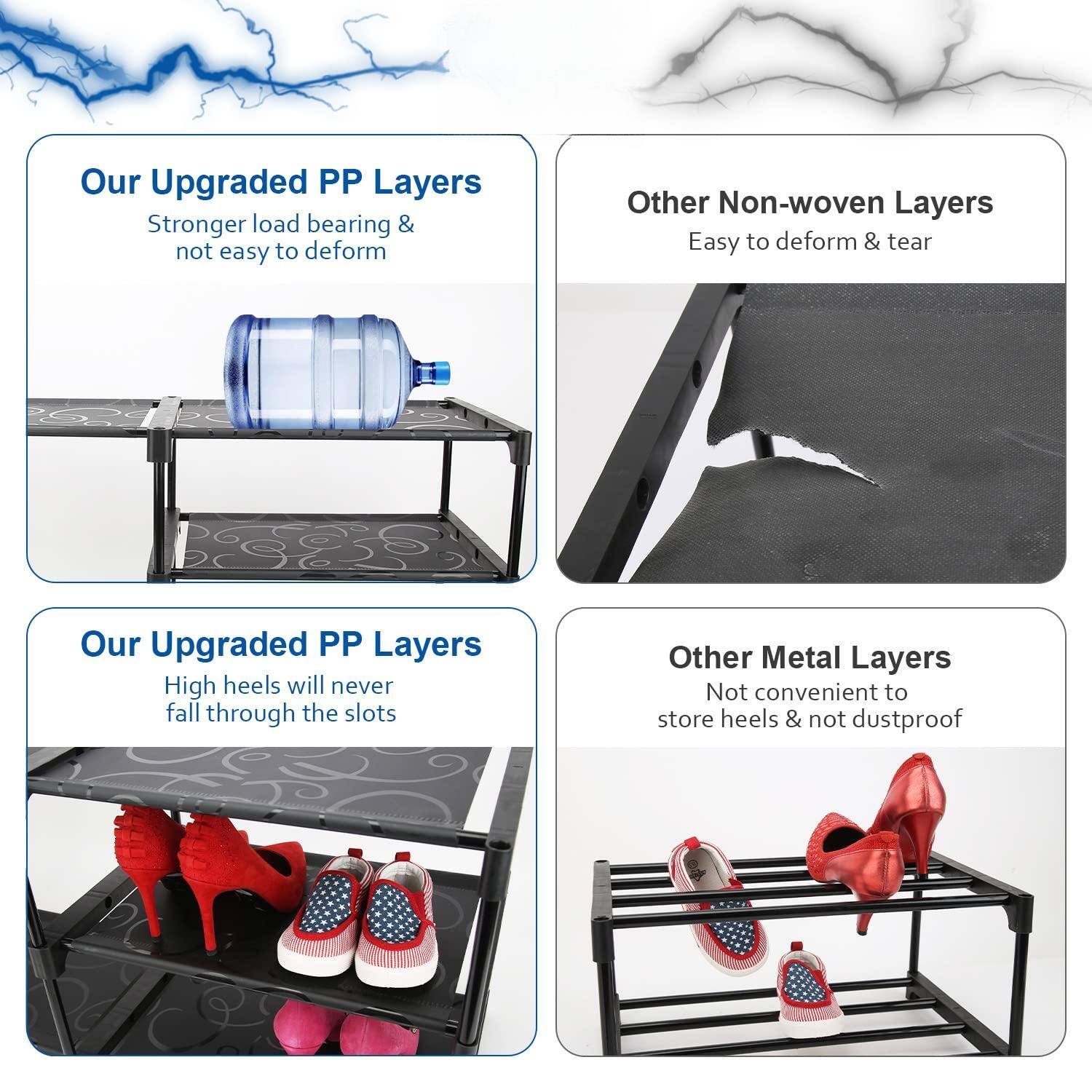 Our Upgraded PP Layers  
Stronger load bearing & not easy to deform  

Other Non-woven Layers  
Easy to deform & tear  

Our Upgraded PP Layers  
High heels will never fall through the slots  

Other Metal Layers  
Not convenient to store heels & not dustproof