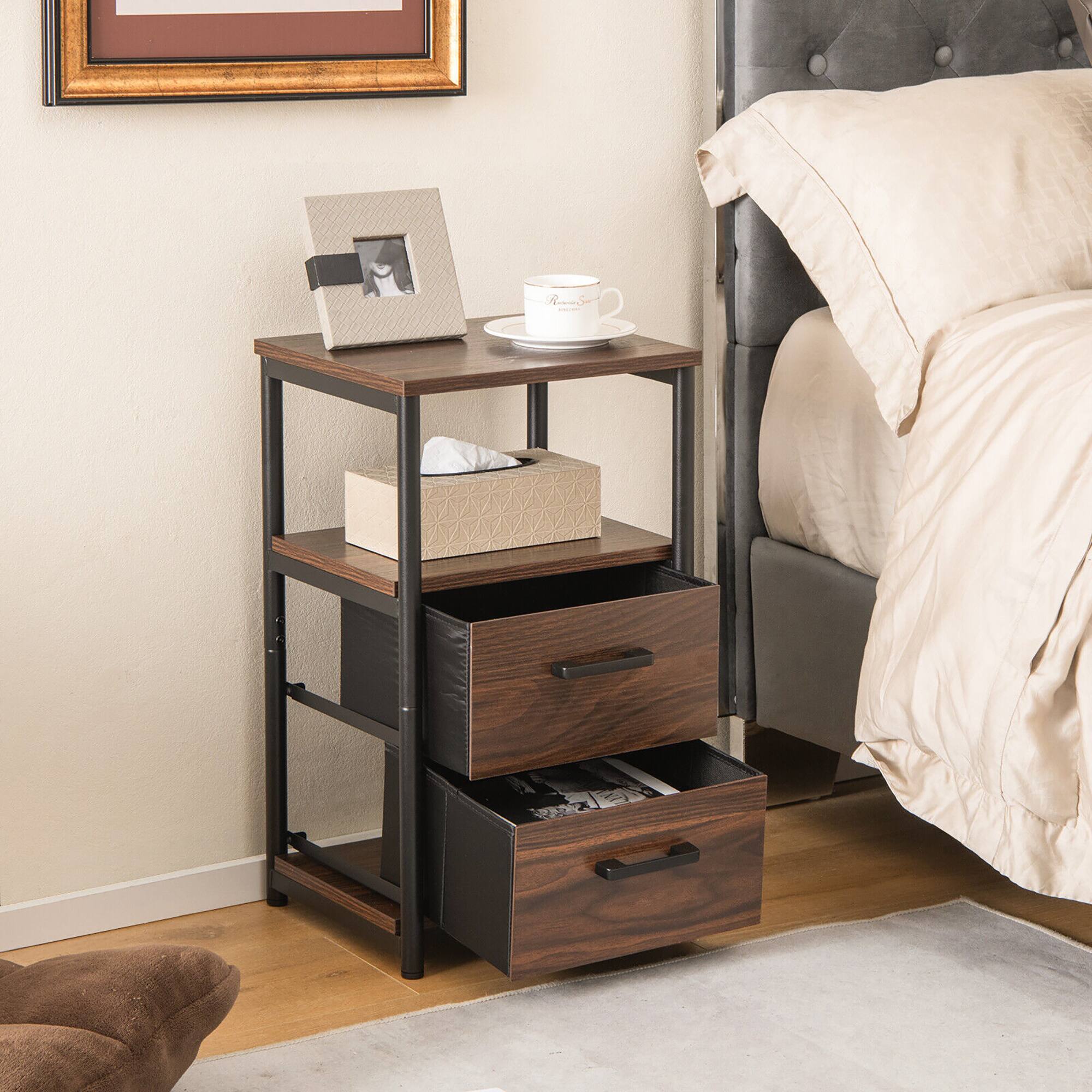 Alt View 2. Gymax - Gymax 2PCS Nightstand Bedside End Table with 2 Fabric Drawers & Storage Shelf - Walnut & Black.