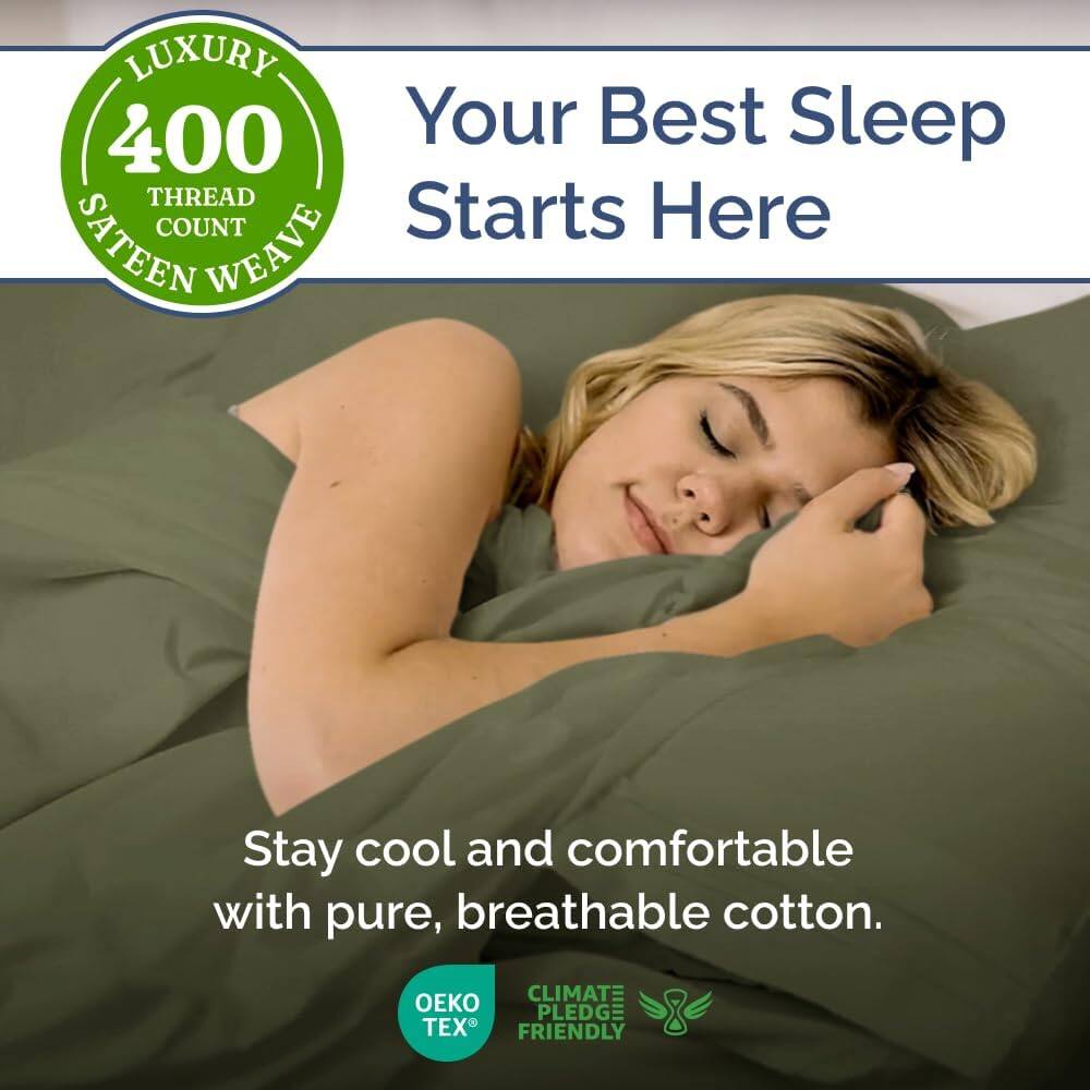 LUXURY 400 THREAD COUNT SATEEN WEAVE

Your Best Sleep Starts Here

Stay cool and comfortable with pure, breathable cotton.

OEKO TEX

CLIMATE PLEDGE FRIENDLY