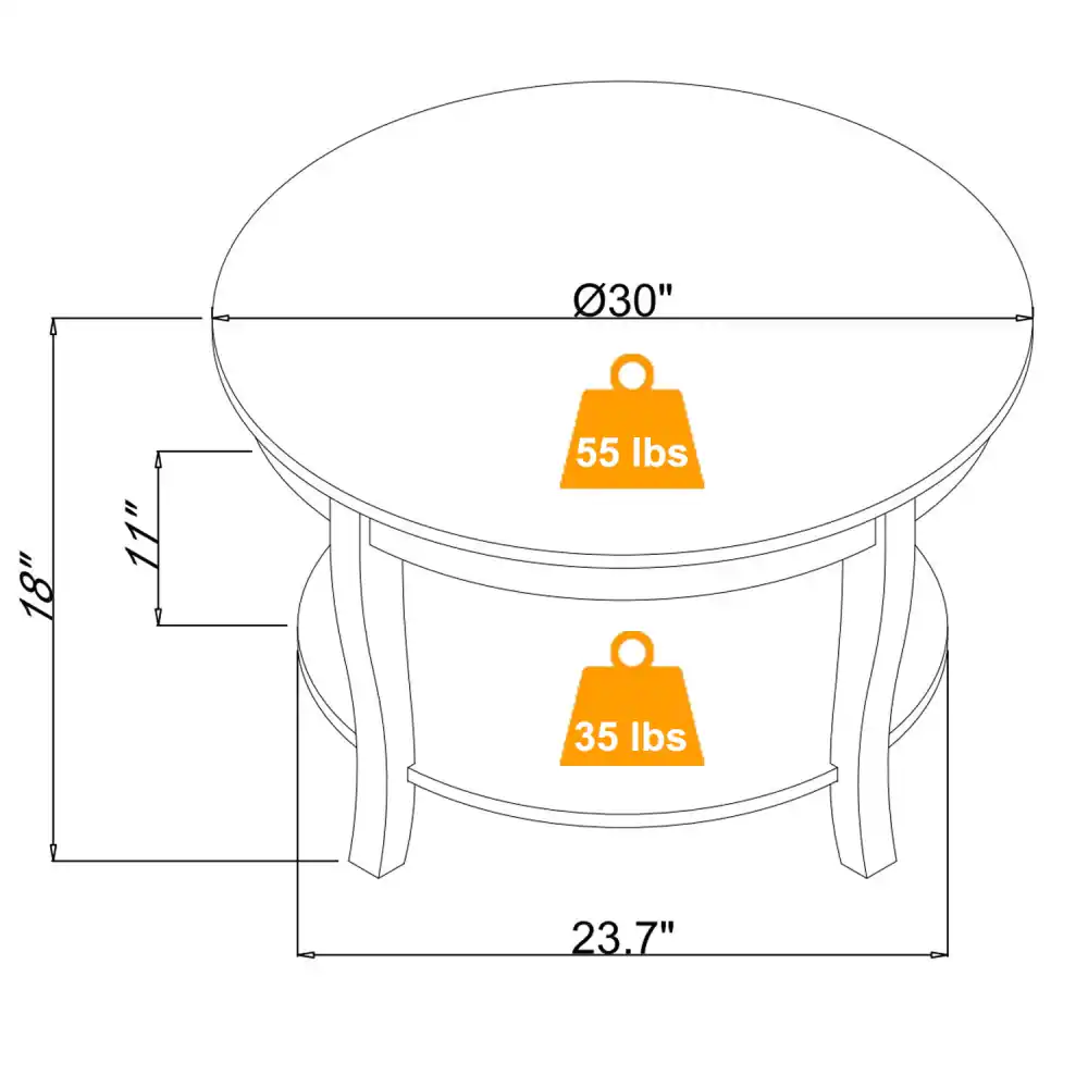 - Diameter: 30"
- Height: 18"
- Depth: 11"
- Weight Capacity: 55 lbs
- Weight Capacity: 35 lbs
- Width: 23.7"