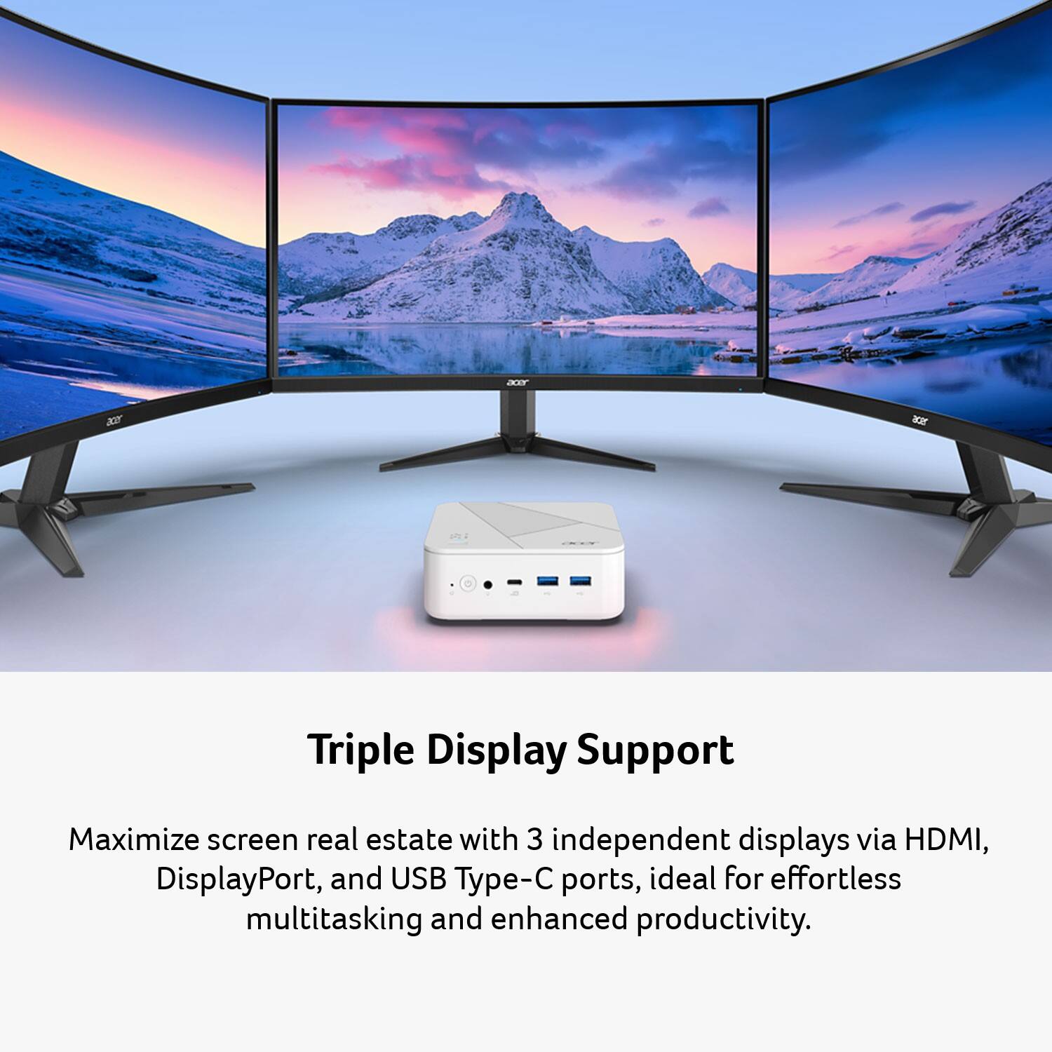 Triple Display Support

Maximize screen real estate with 3 independent displays via HDMI, DisplayPort, and USB Type-C ports, ideal for effortless multitasking and enhanced productivity.