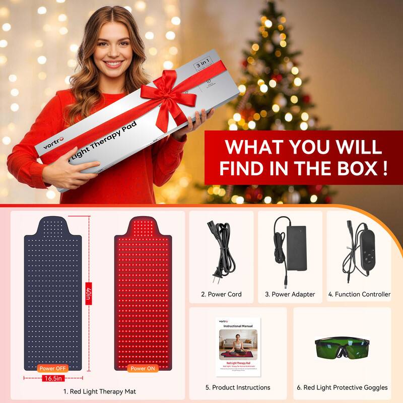 3 in 1 Pad vortro Light Therapy Pad

WHAT YOU WILL FIND IN THE BOX!

1. Red Light Therapy Mat
2. Power Cord
3. Power Adapter
4. Function Controller
5. Product Instructions
6. Red Light Protective Goggles