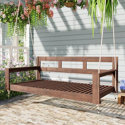 Front. APRILSOUL - Patio Wooden Twin Size Porch Swing chair with 4 Hanging Ropes for Backyard Outdoor Brown - Brown.