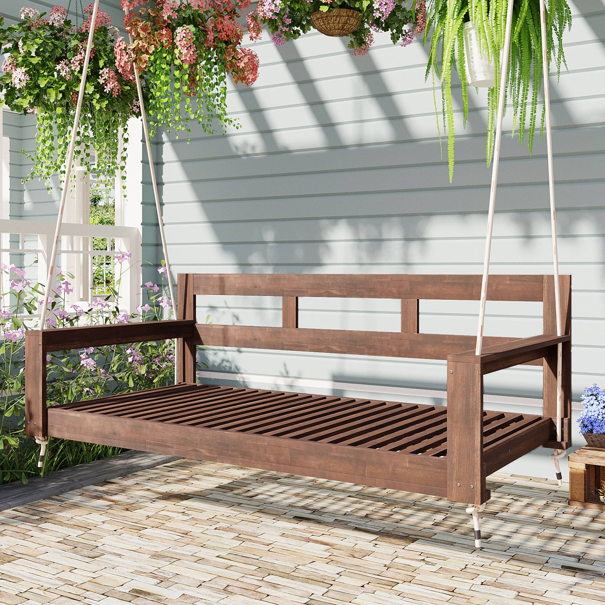Front. APRILSOUL - Patio Wooden Twin Size Porch Swing chair with 4 Hanging Ropes for Backyard Outdoor Brown - Brown.