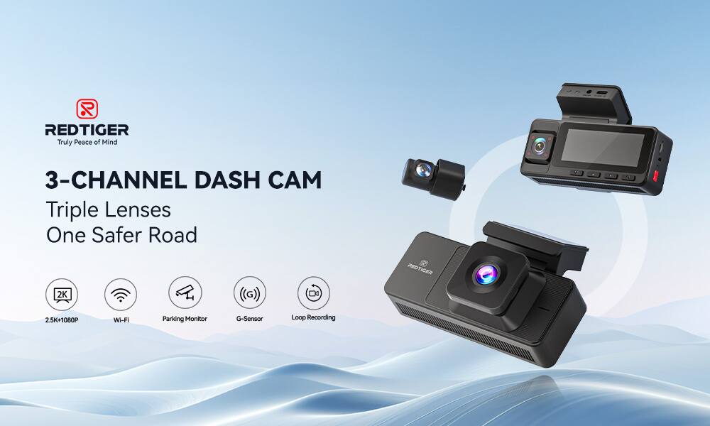 REDTIGER  
Truly Peace of Mind  

3-CHANNEL DASH CAM  
Triple Lenses  
One Safer Road  

- 2.5K+1080P  
- Wi-Fi  
- Parking Monitor  
- G-Sensor  
- Loop Recording