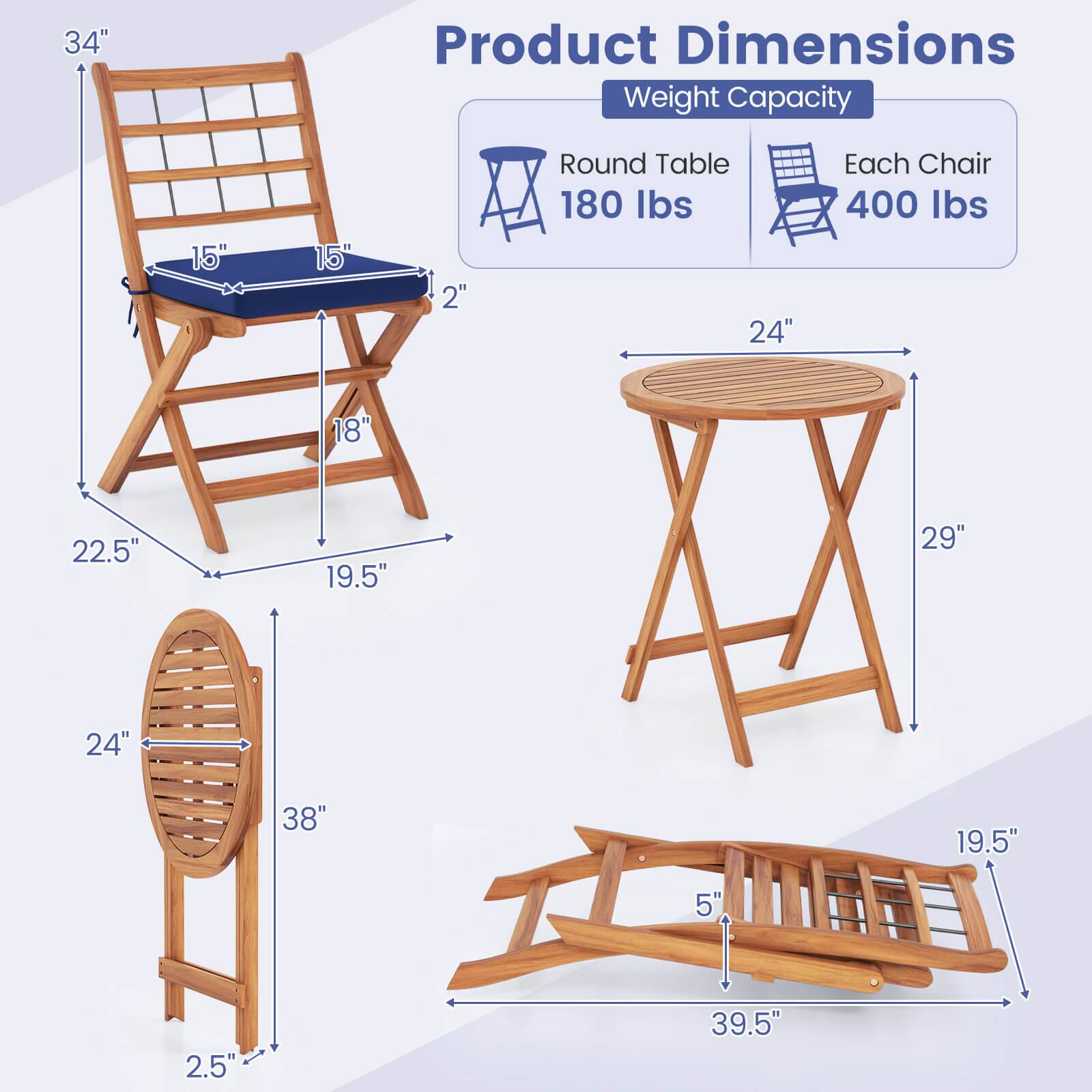Product Dimensions Weight Capacity 15" 15" 2" Round Table 180 Ibs 24" Each Chair 400 Ibs 18" 22.5" 19.5" 29" 24" 38" 19.5" 5" 2.5" 39.5"