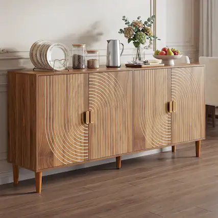 Front. Z-Edge - Buffet Cabinet with Storage, 62.6" Sideboard with 4 Doors,Mid Century Modern Credenza Coffee Bar for Living Room Kitchen - Walnut.