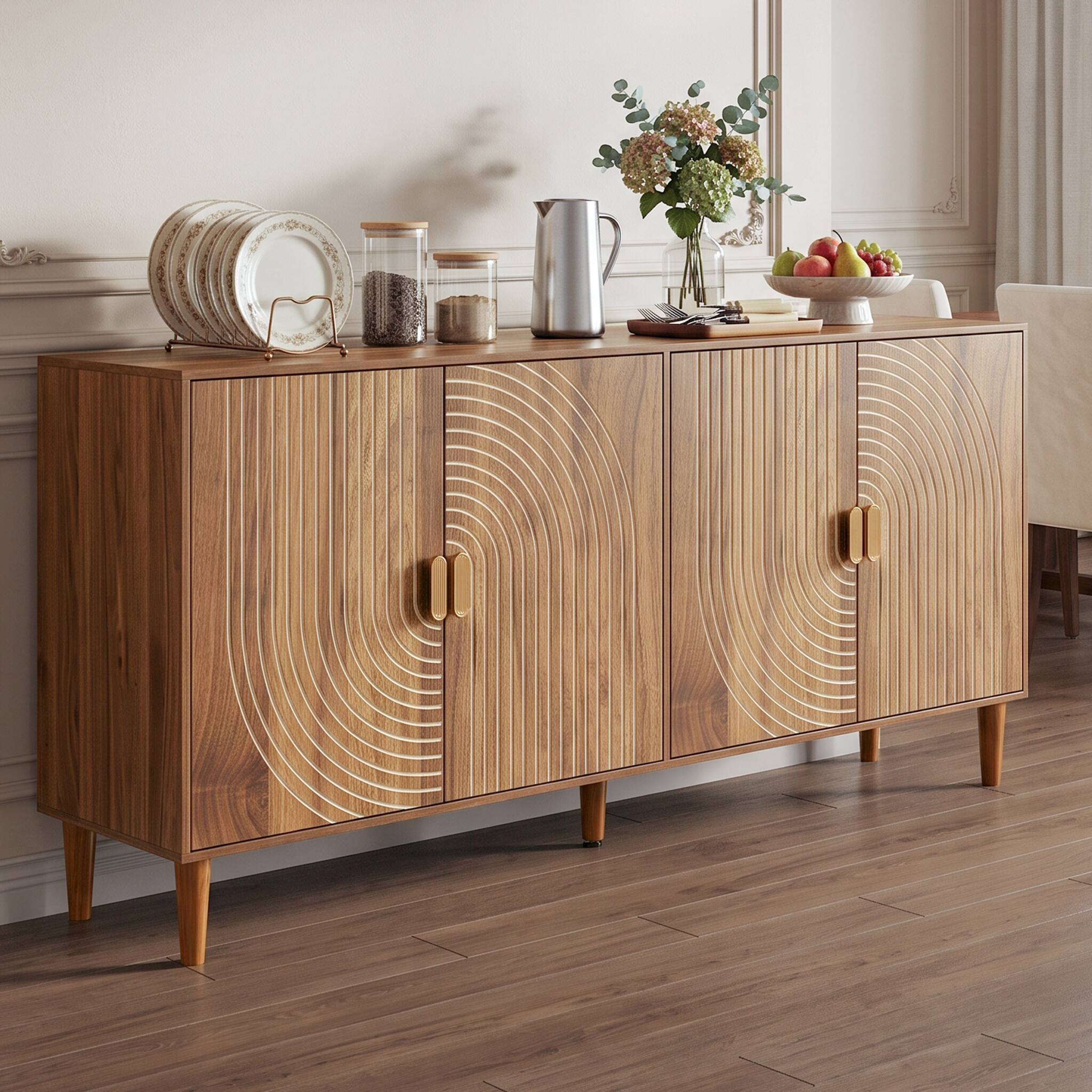 Front. Z-Edge - Buffet Cabinet with Storage, 62.6" Sideboard with 4 Doors,Mid Century Modern Credenza Coffee Bar for Living Room Kitchen - Walnut.