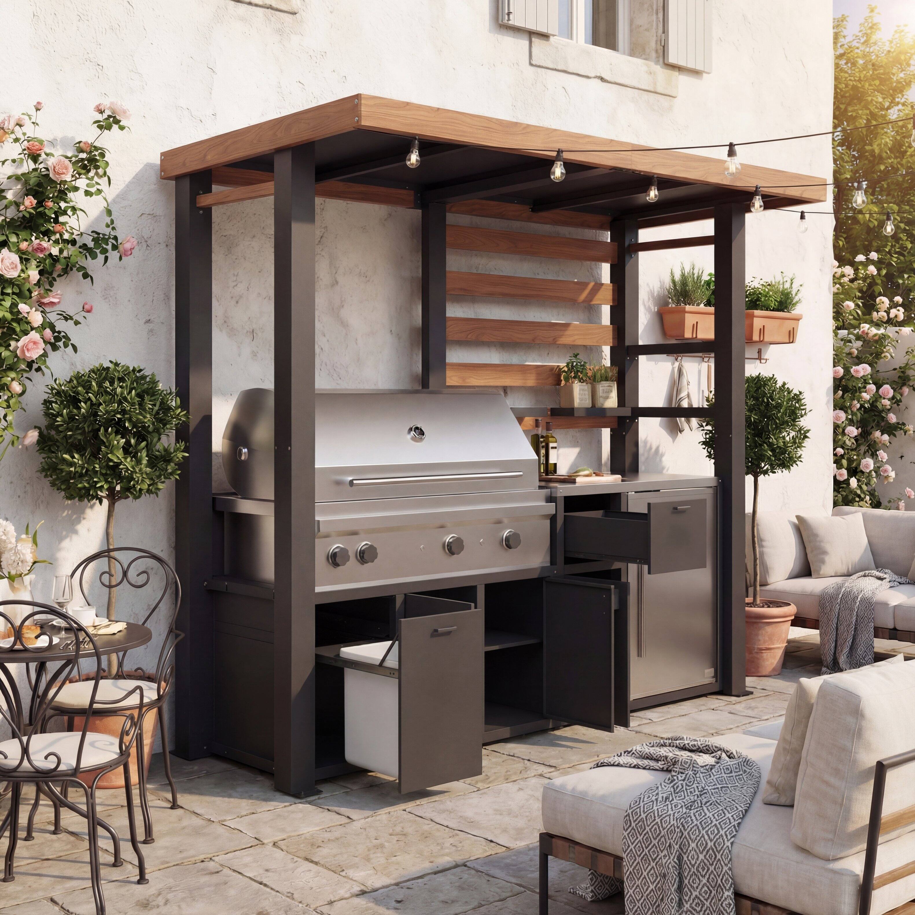 Alt View 8. Famapy - Heavy Duty Galvanized Steel Outdoor Grill Gazebo with Storage – Weatherproof BBQ Pavilion for Backyard Cooking - Wooden & Black.