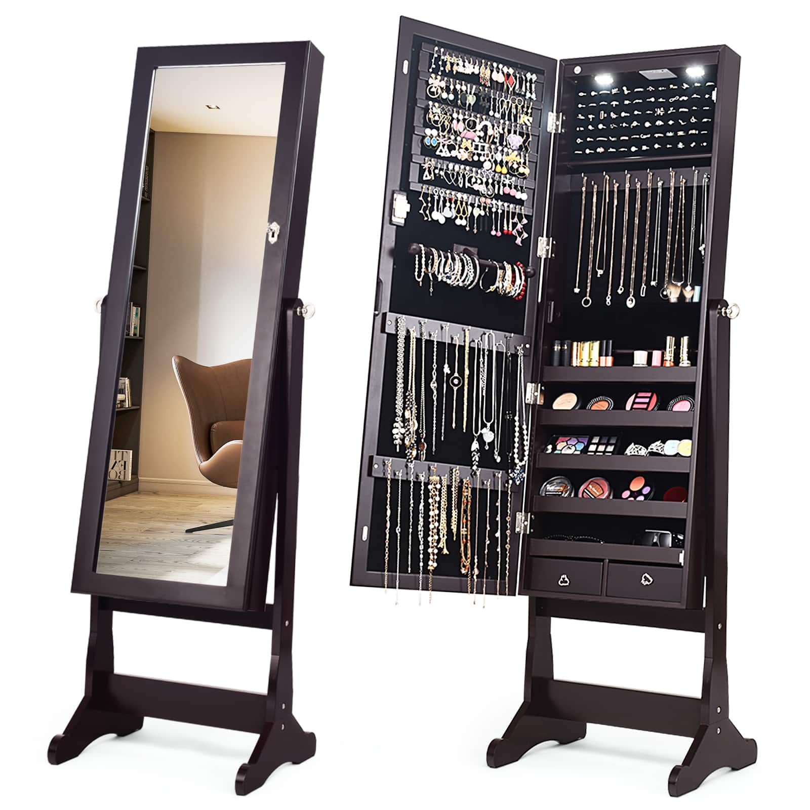 Ecooso - Lockable Mirrored Jewelry Cabinet, Freestanding with Full-Length Mirror and LED Lights