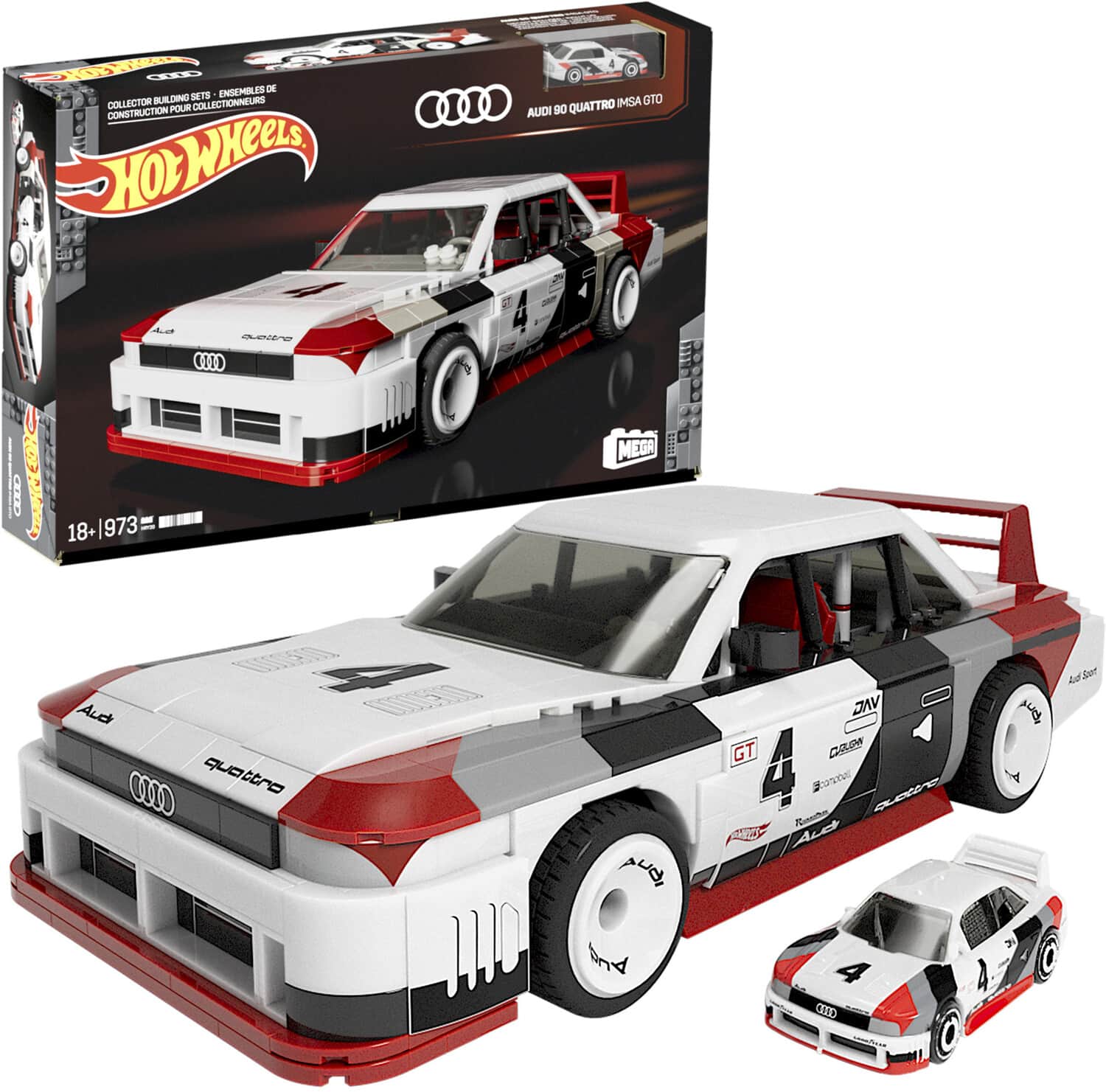 Mega Bloks - Hot Wheels Audi 90 Quattro IMSA GTO, Includes 1 Collectible Diecast Car, 973 Piece Collectible Building