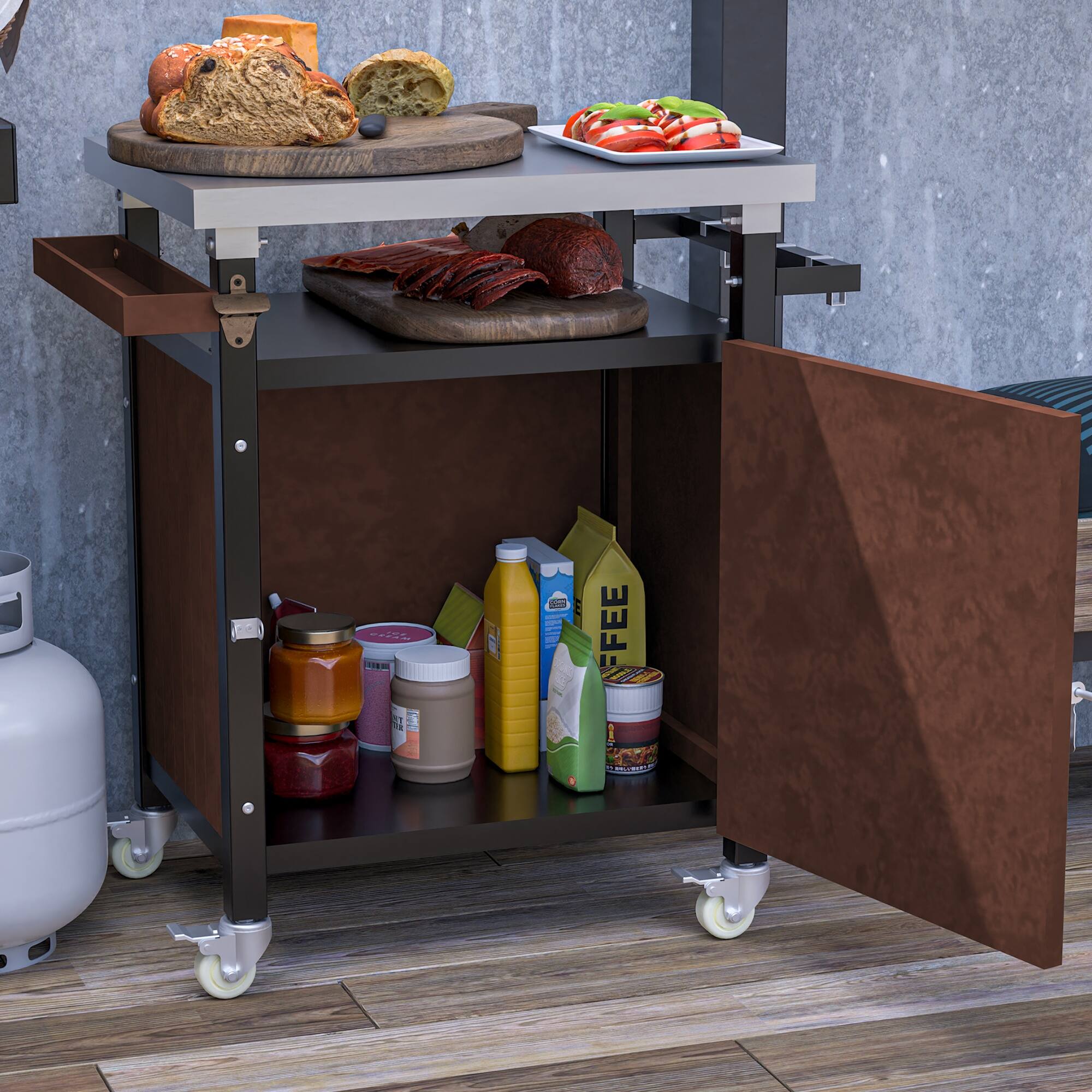 Alt View 6. Boyel Living - Mobile Outdoor Grill Cart with Prep Table and Storage - Brown.