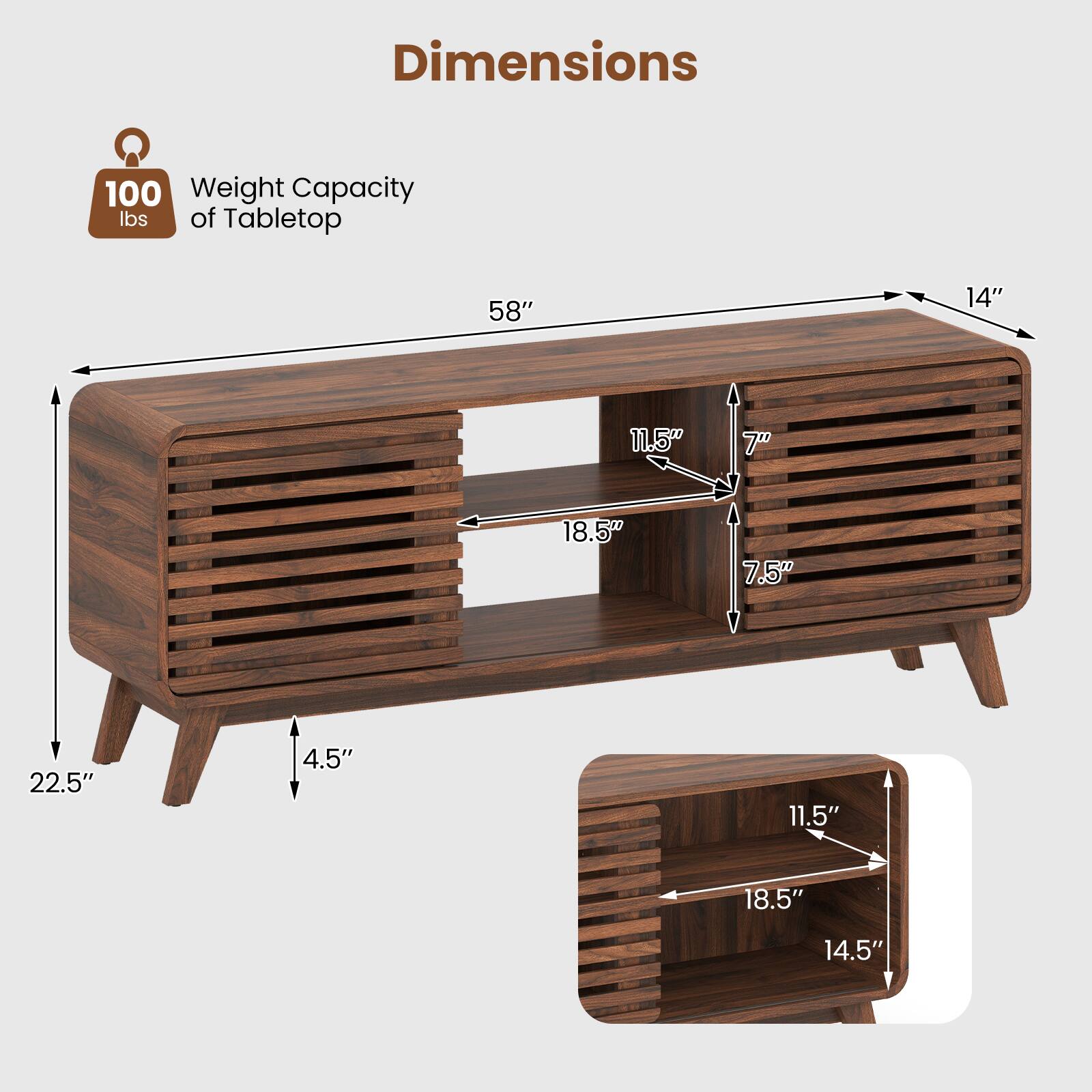 Dimensions: 58" x 14" x 11.5" x 7" x 18.5" x 7.5" x 22.5" x 4.5" x 11.5" x 18.5" x 14.5"  
Weight Capacity of Tabletop: 100 lbs