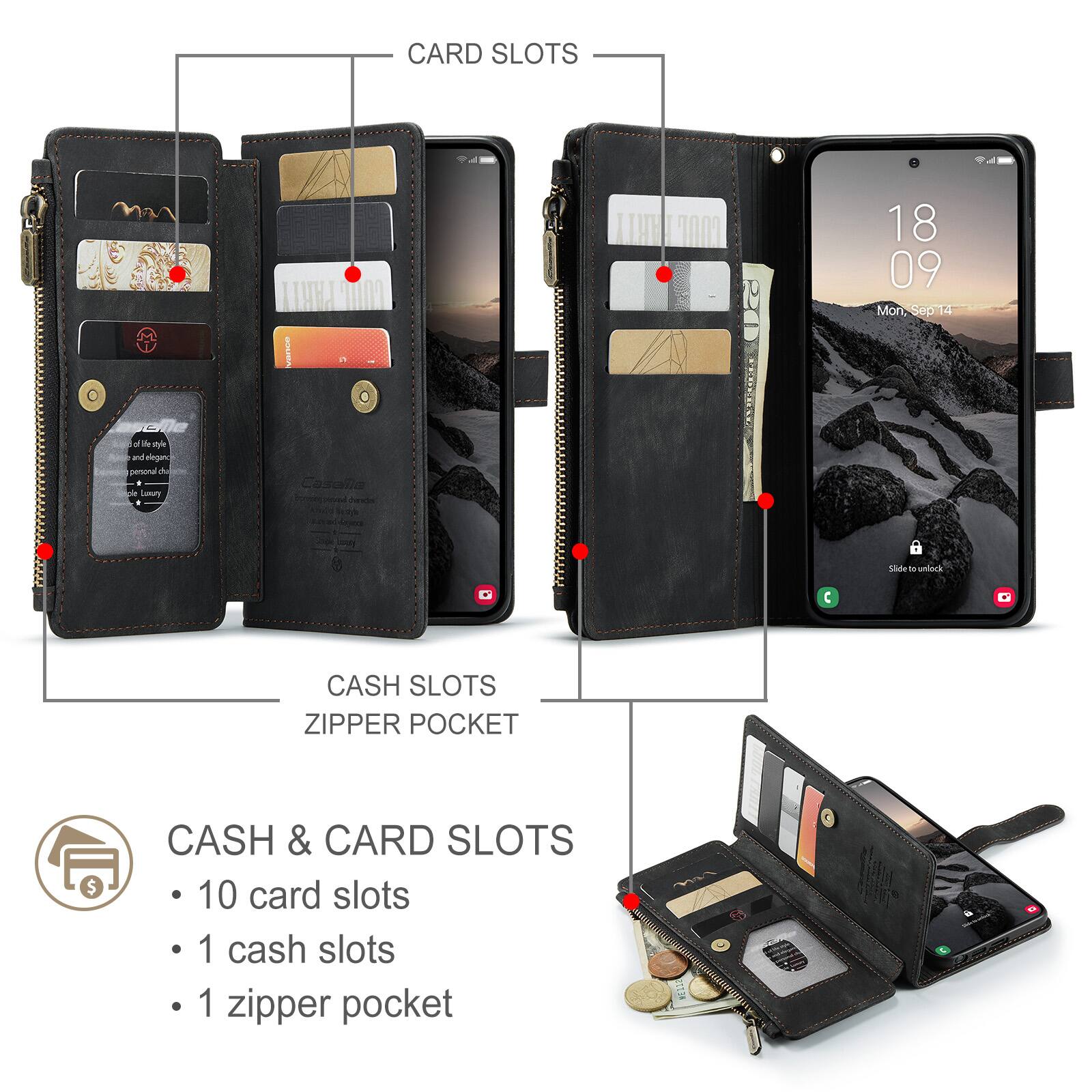 CARD SLOTS PARTY ng Vantue II GOOn 20 18 09 Mon Sep T4 a m and elengon puenina de e Lusury Casalla ca leom deo : . C  - undock CASH SLOTS ZIPPER POCKET $ CASH & CARD SLOTS 10 card slots 1 cash slots 1 zipper pocket