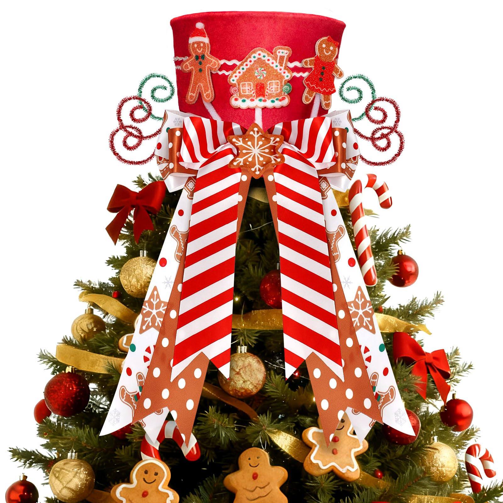 Front. Stylel Star - Christmas Candy Canes Tree Topper Red Hat With Peppermint Bows Ornament Winter Lollipop Holiday Home Decoration - Gingerbread(red).