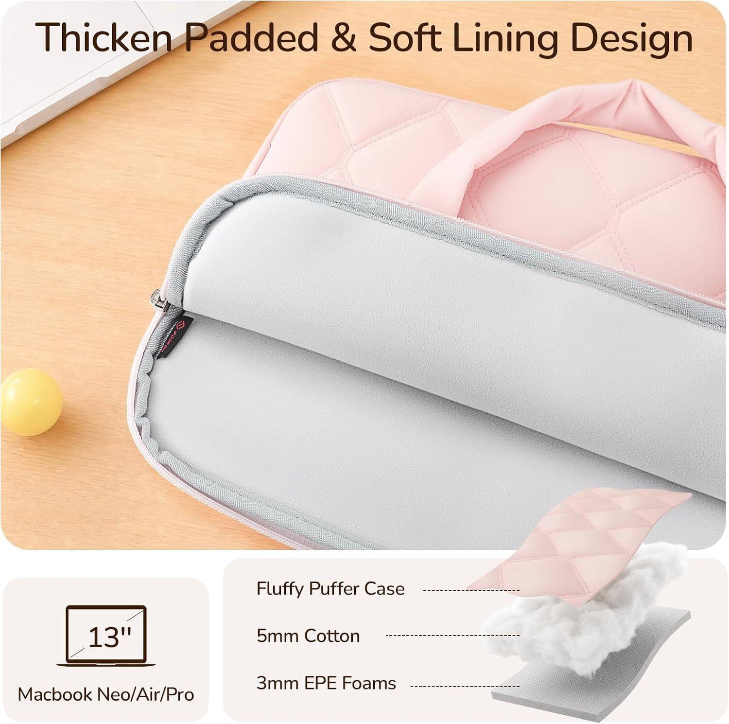 Thicken Padded & Soft Lining Design

Fluffy Puffer Case

13"

5mm Cotton

Macbook Neo/Air/Pro

3mm EPE Foams