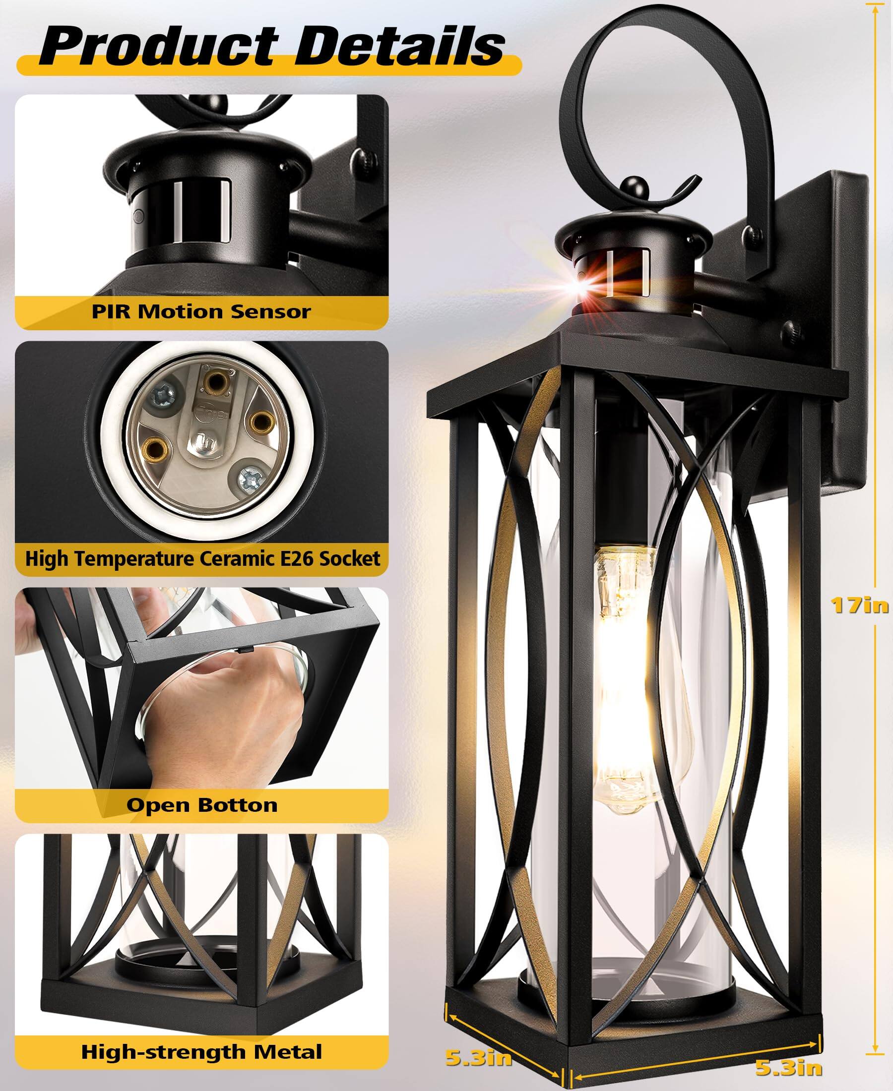 Product Details

- PIR Motion Sensor
- High Temperature Ceramic E26 Socket
- Open Bottom
- High-strength Metal

Dimensions:
- 17in
- 5.3in
- 5.3in
