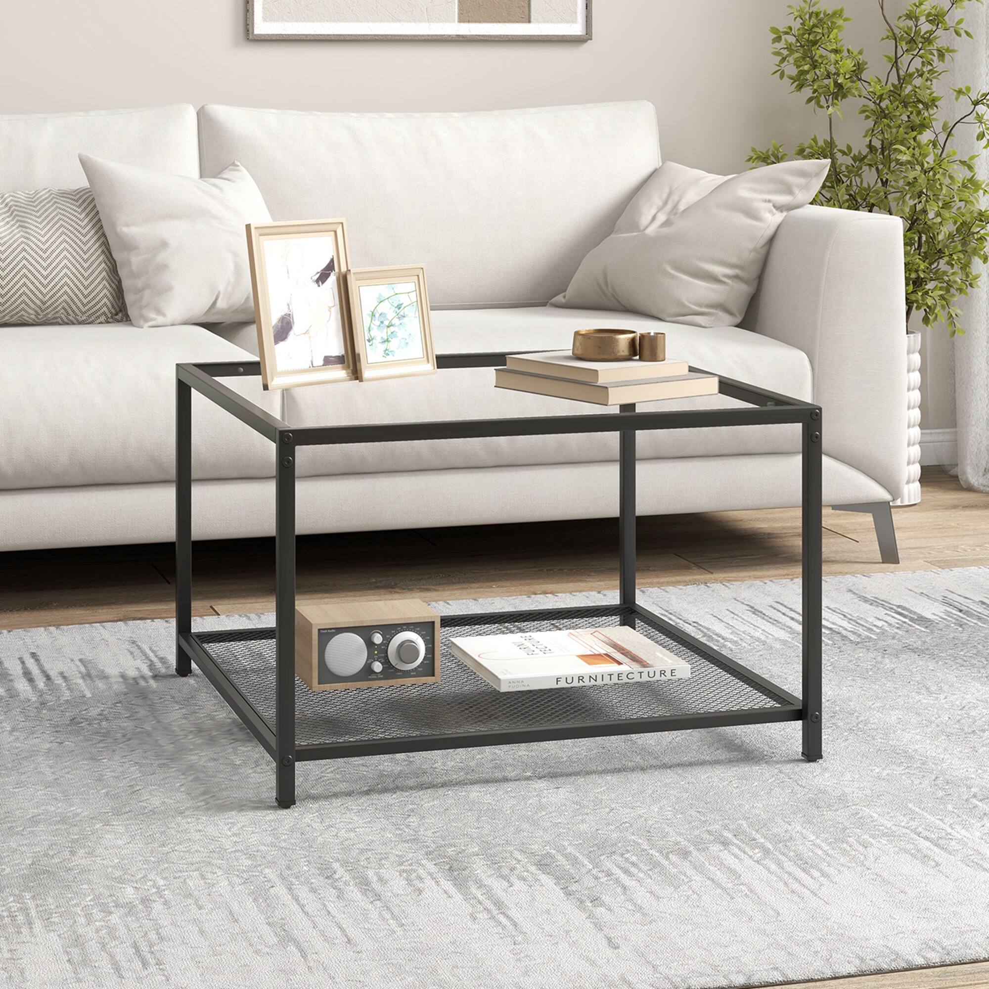 Alt View 12. Costway - Glass Coffee Table 27.5 Inch 2-Tier Square with Mesh Shelf Living Room Transparent - Transparent and Black.