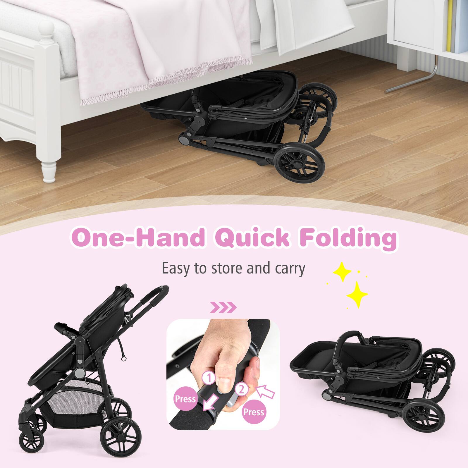 One-Hand Quick Folding, Easy to store and carry, Press 1, Press 2