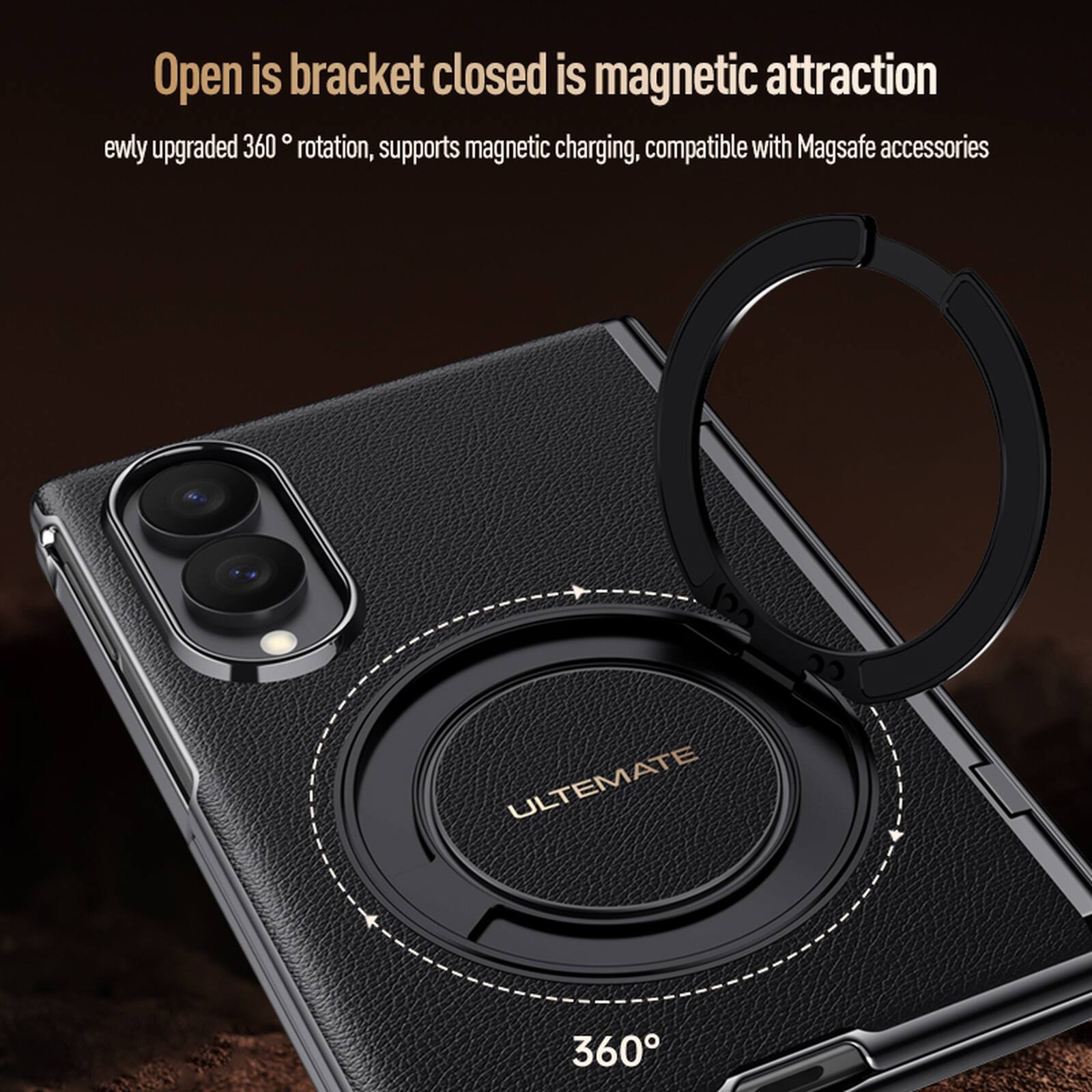 Open is bracket closed is magnetic attraction  
ewly upgraded 360° rotation, supports magnetic charging, compatible with Magsafe accessories  
ULTIMATE  
360°