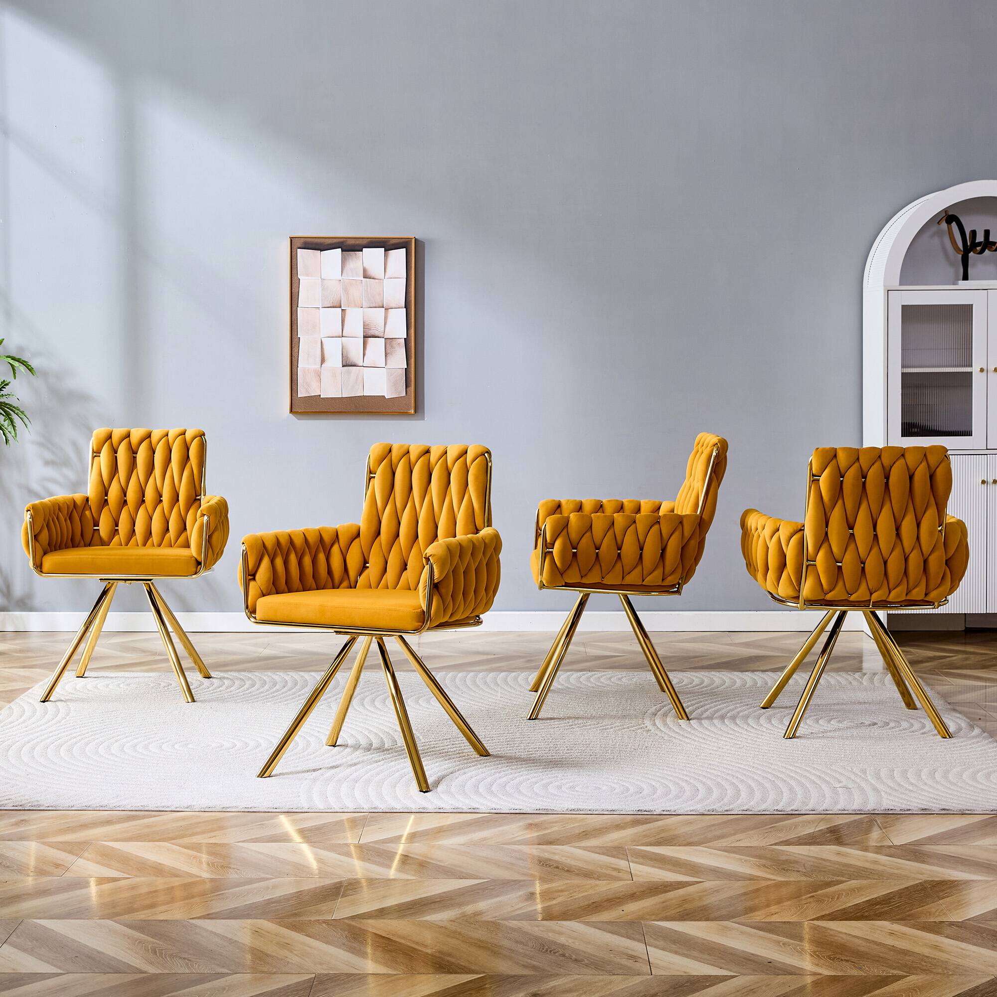 Alt View 2. Loheer - Loheer Velvet Dining Chairs Set of 2, Yellow Braided Upholstered Armchairs with Gold Legs, 2.08 ft, Dining Room - Gold,Yellow.