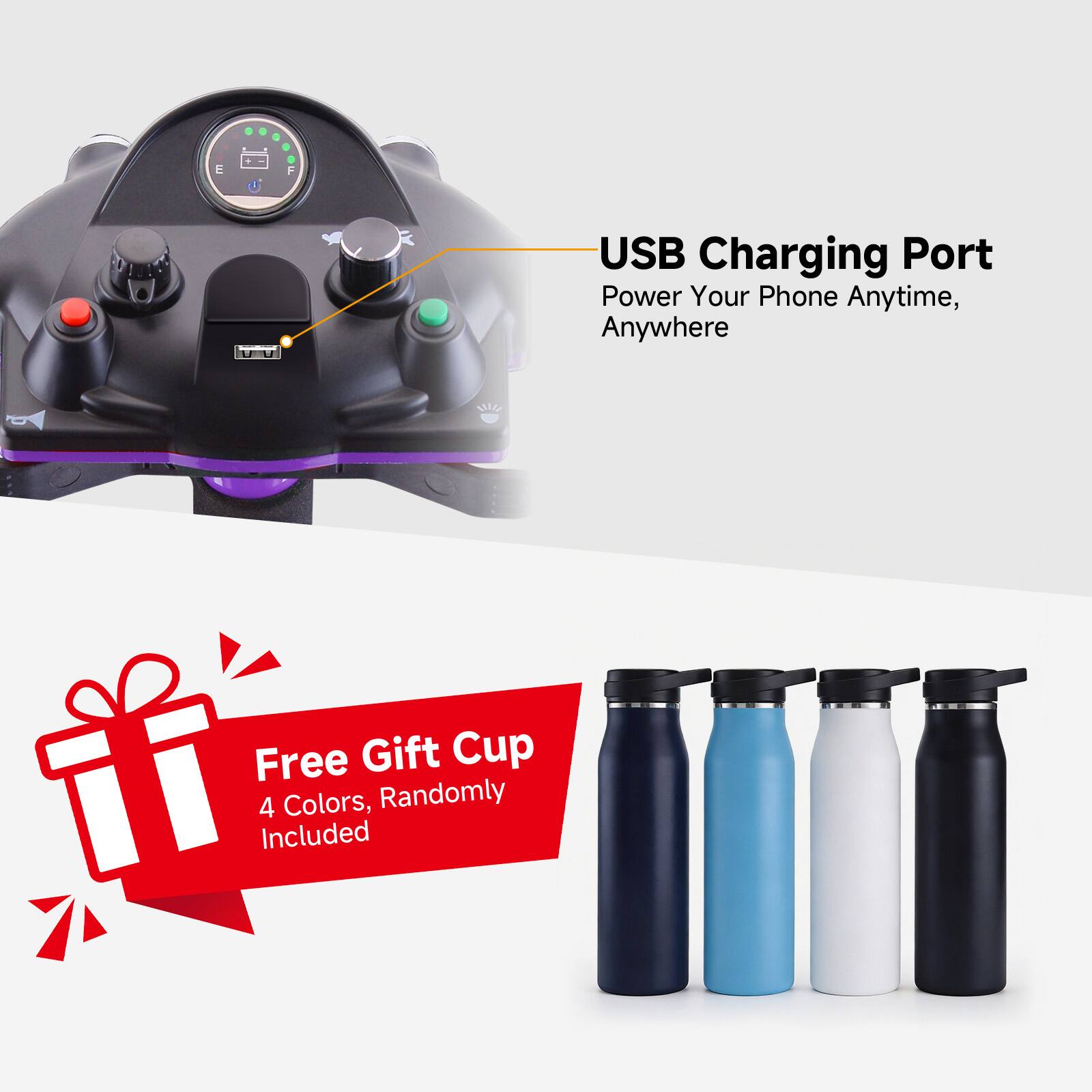 USB Charging Port  
Power Your Phone Anytime, Anywhere  

Free Gift Cup  
4 Colors, Randomly Included
