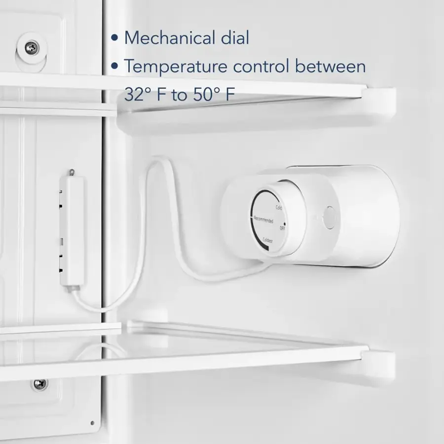 The text on the image reads: "Mechanical dial Temperature control between 32°F to 50°F Cold Recommended OFF Coldest." This text is grouped and corrected as follows:

"Mechanical dial Temperature control between 32°F to 50°F. Cold Recommended OFF. Coldest."