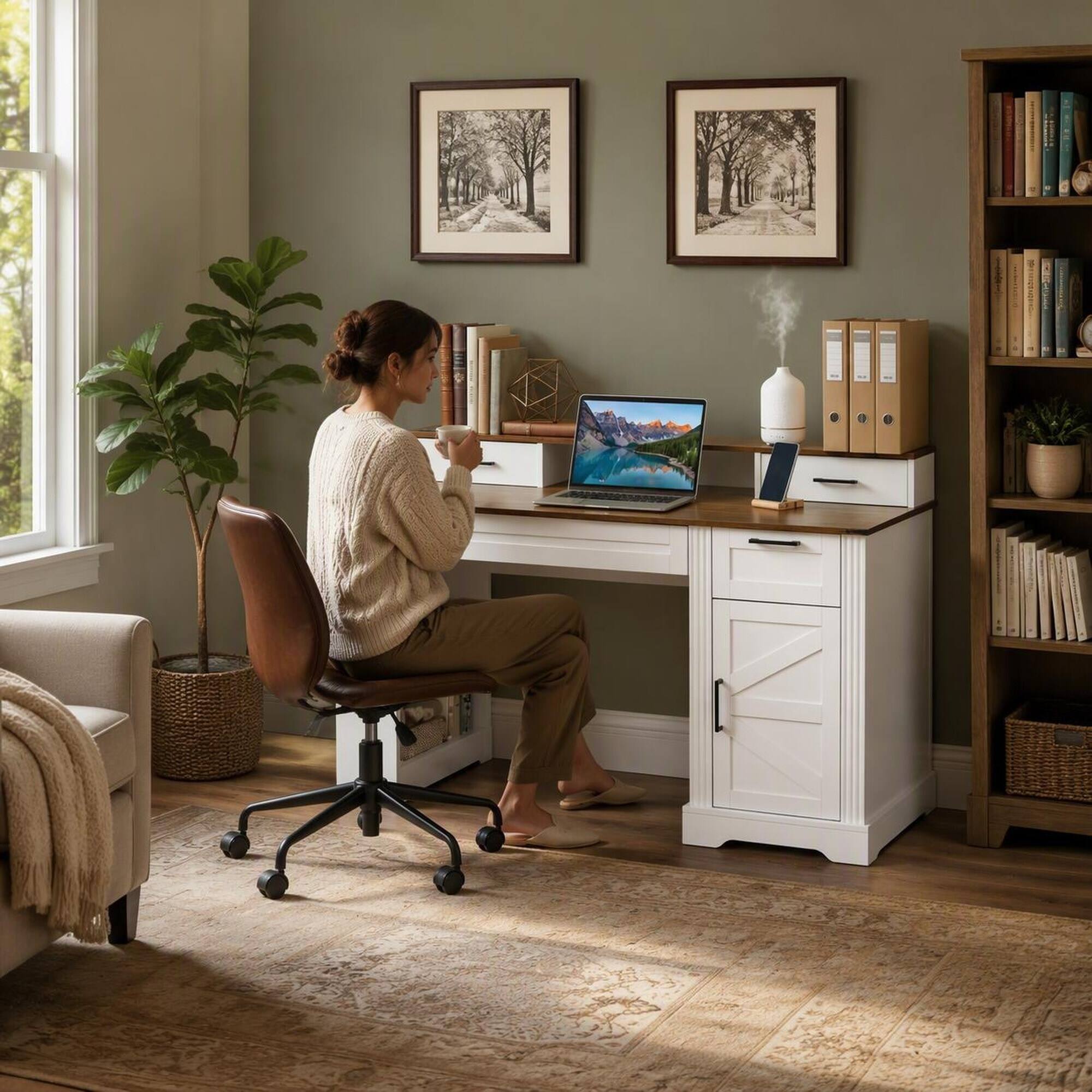 Angle. RYHNUYNE - 55.12 in Farmhouse Office Desk, MDF White Computer Writing Desk with Storage Cabinet, Charging Station, Keyboard Tray - White.
