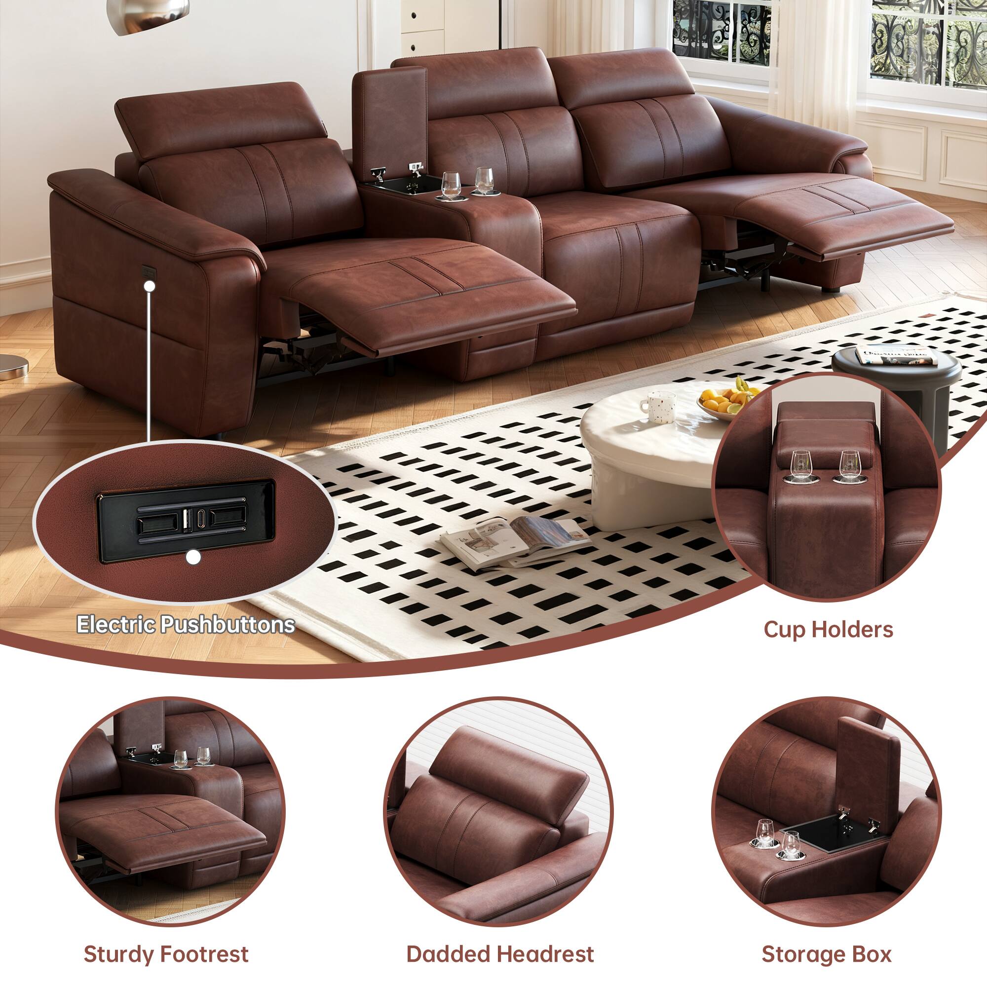 Boyel Living - Power Loveseat Recliner Sofa Reclining Sectional Sofa with Adjustable Headrest  Breathable Leather - Dark Brown