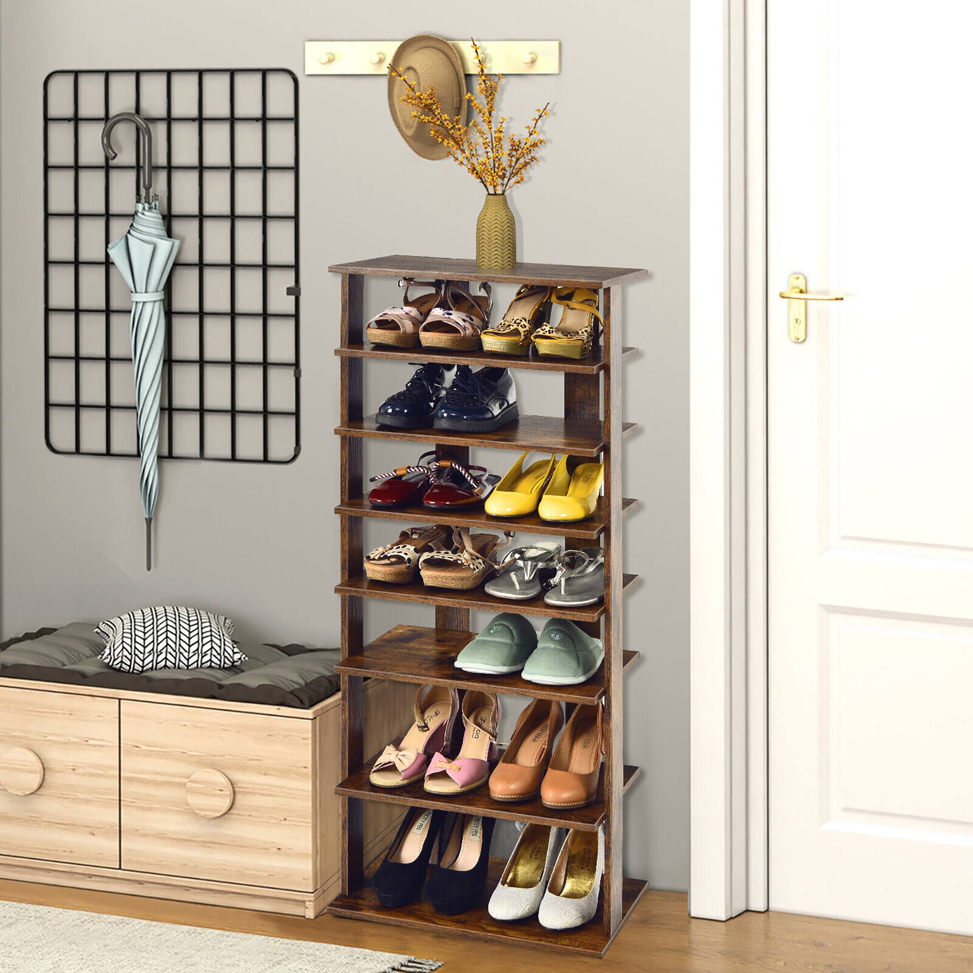 Alt View 5. Gymax - Gymax Patented 7-Tier Double Shoe Rack Free Standing Shelf Storage Tower Rustic Brown - Rustic Brown.