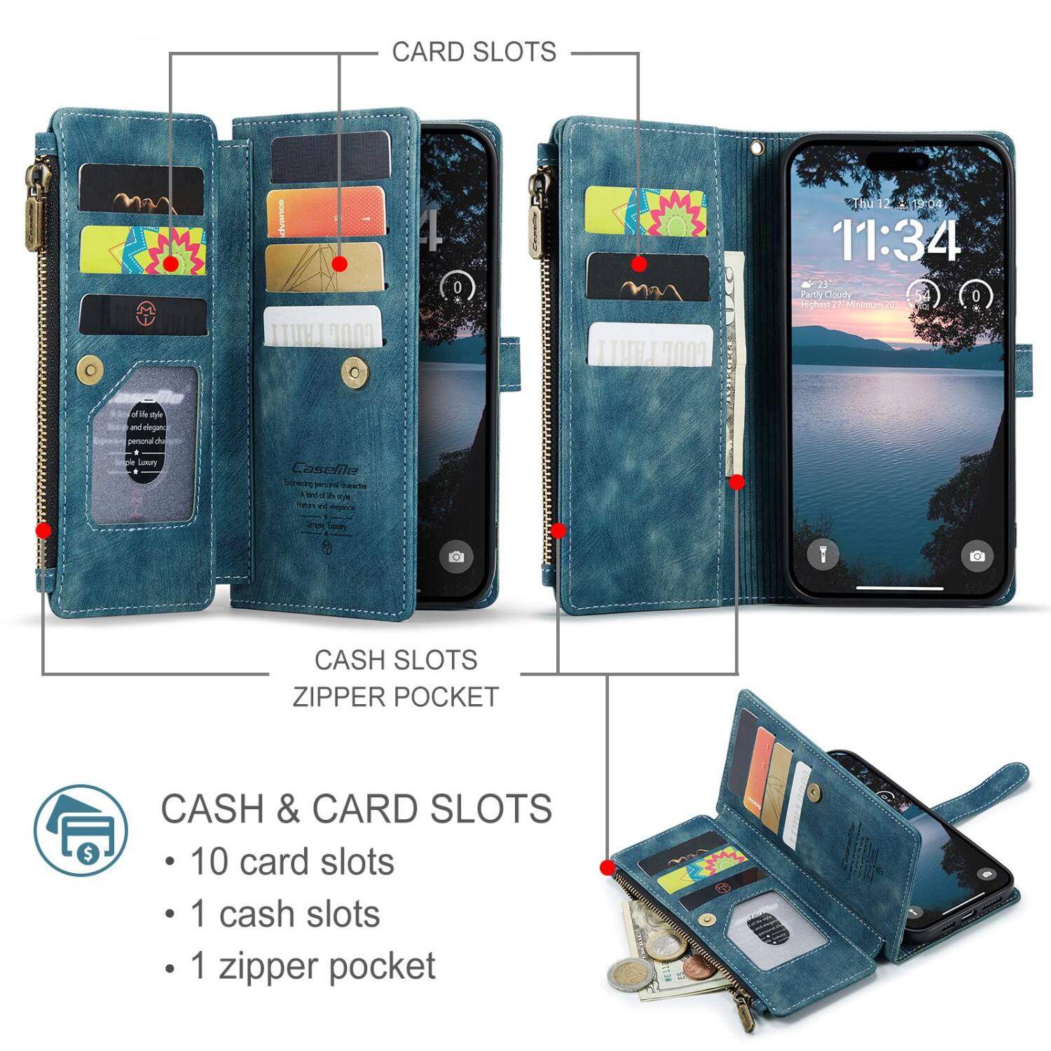 CARD SLOTS

CASH SLOTS ZIPPER POCKET

CASH & CARD SLOTS
- 10 card slots
- 1 cash slot
- 1 zipper pocket