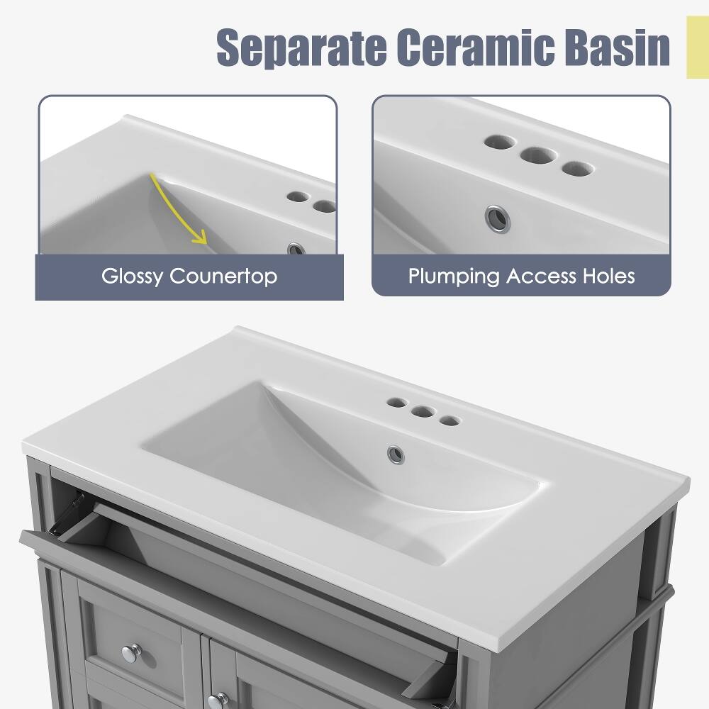Separate Ceramic Basin  
Glossy Countertop  
Plumbing Access Holes