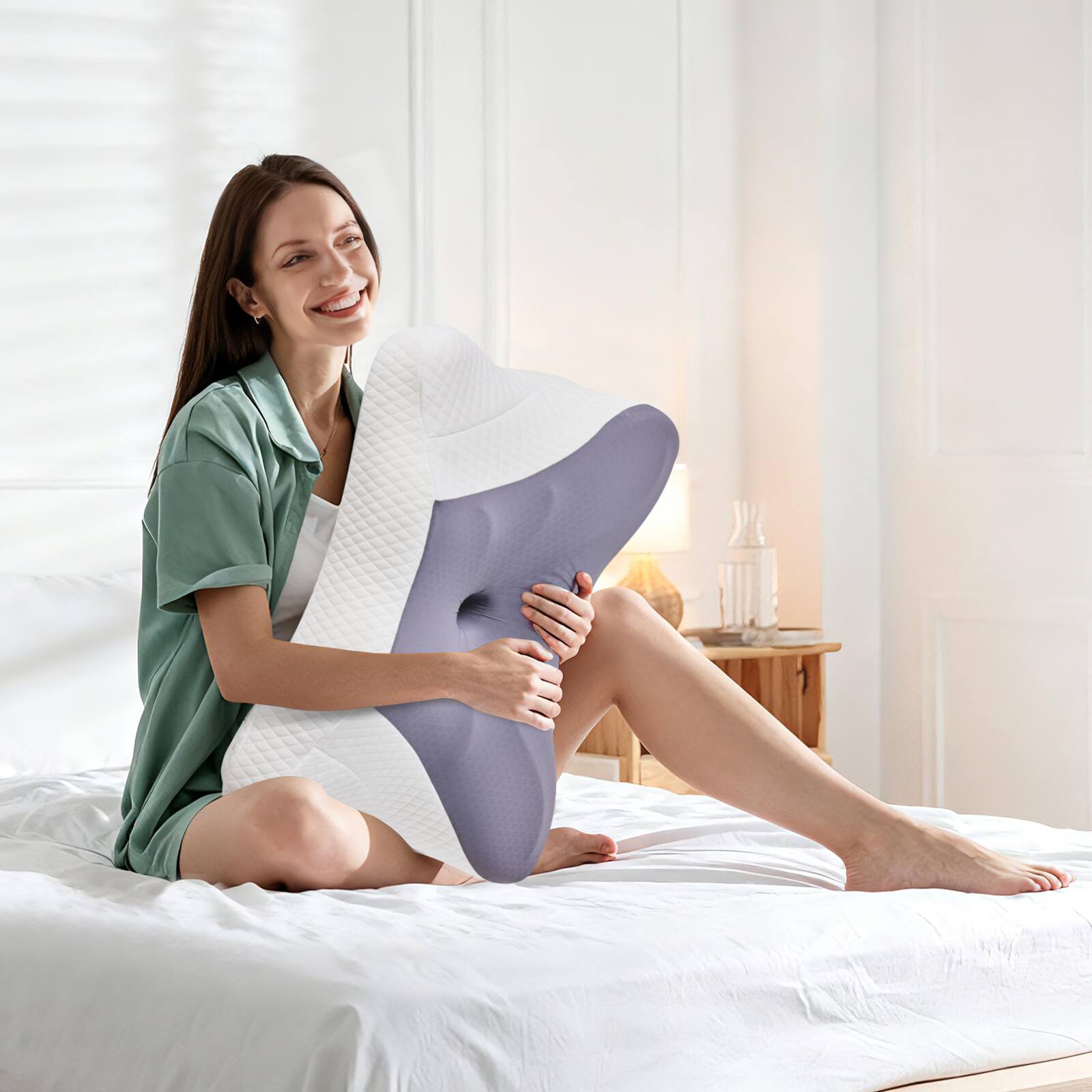 Left. AENKYO - Cervical Neck Pillow  Pain Relief Ergonomic Memory Foam Pillows for Sleeping - Dark Gray.