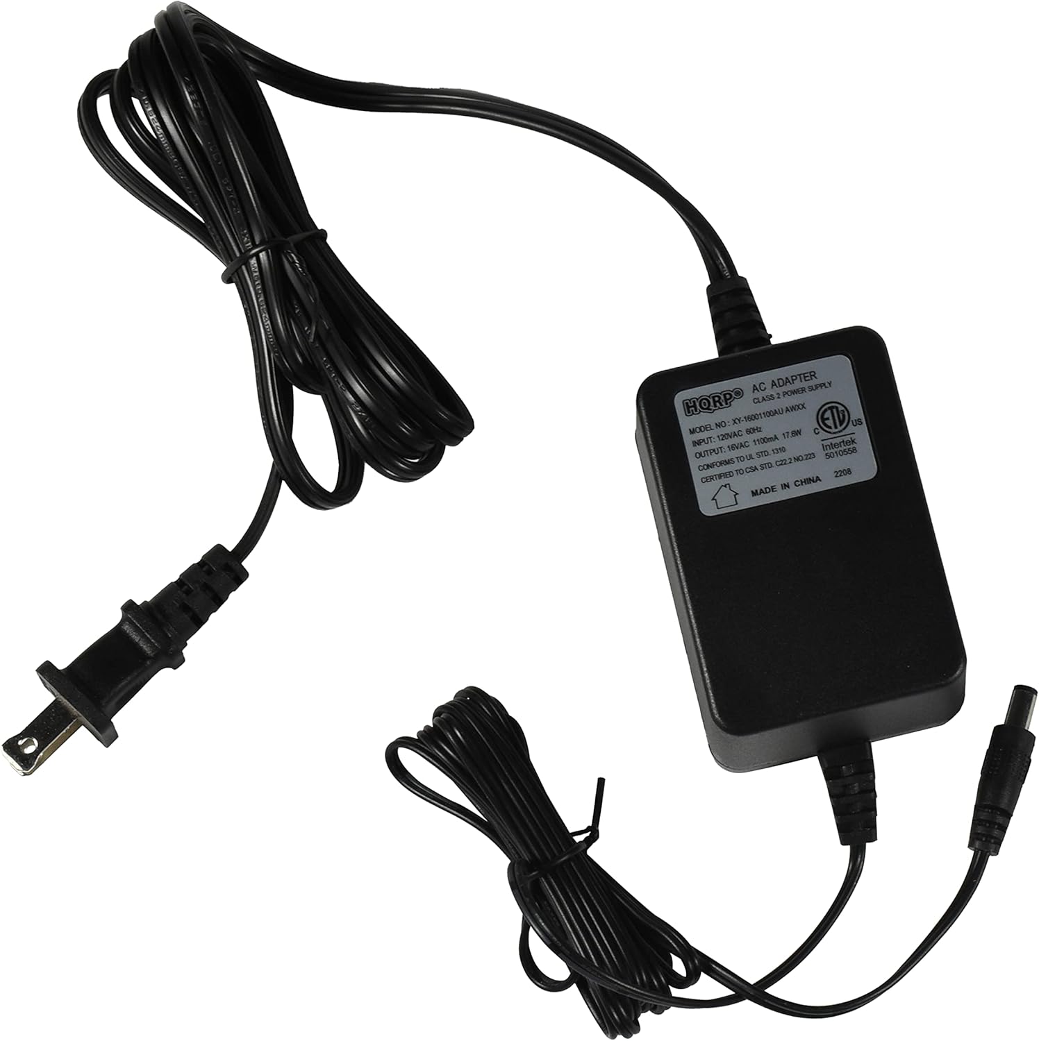 AC ADAPTER SUPPLY CLASS: POMER HORPS XYHAEEVOGALI AROCK MODEL MO: - EID 2 UINAC 11.00 INPUT TEVKC Intertok OUTPUT sa LA seronde 6 108 C NO2 CONFORMIS ha a00 CERTIFIED 2208 IN CHINA MADE